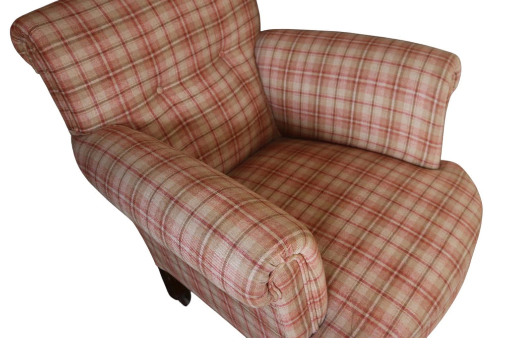 Antique Victorian Howard Style Armchair – Deep Seat – Plaid Upholstery