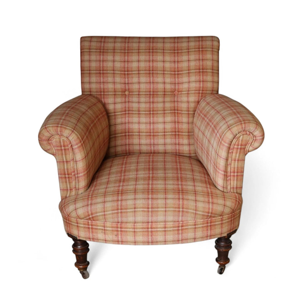 Antique Victorian Howard Style Armchair – Deep Seat – Plaid Upholstery