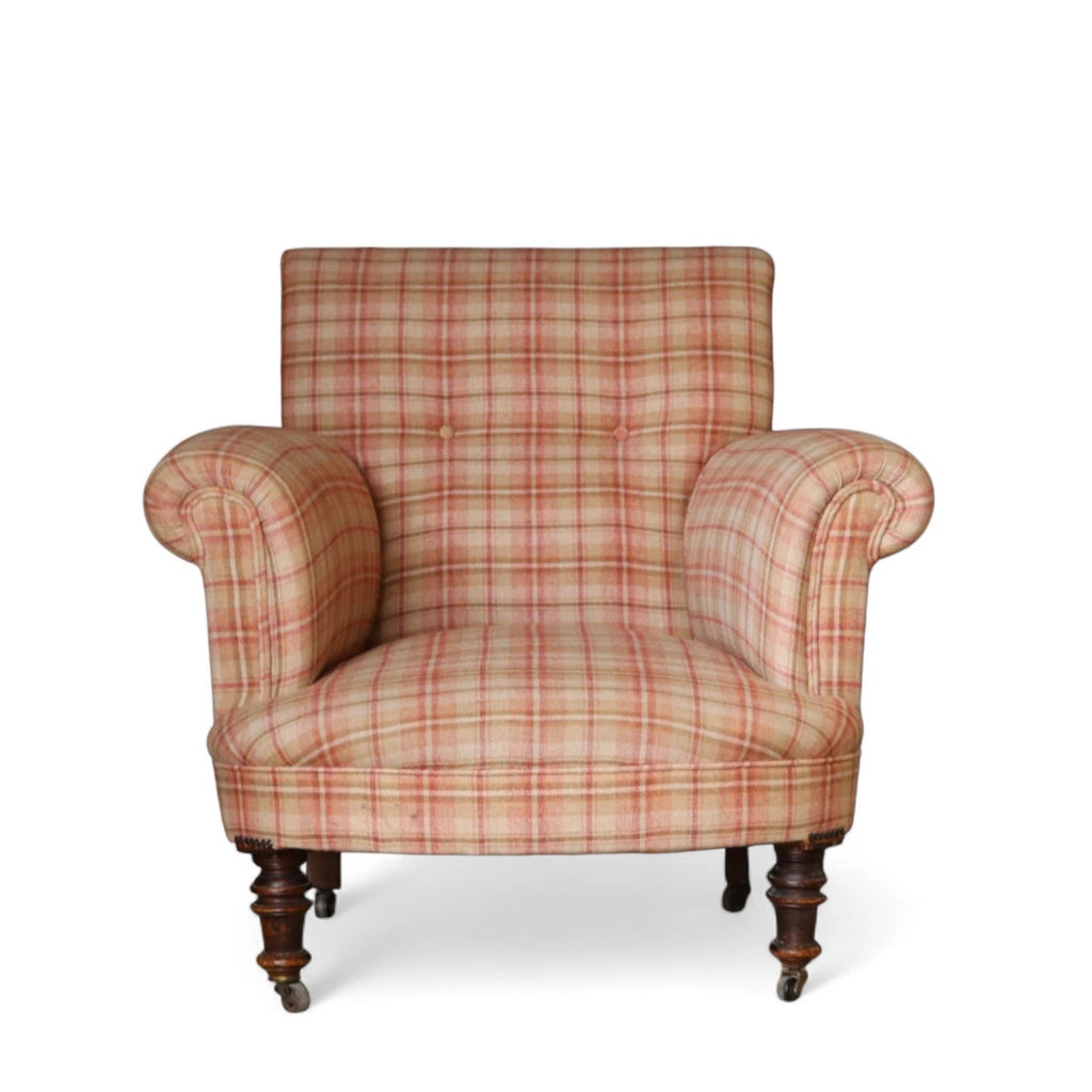 Antique Victorian Howard Style Armchair – Deep Seat – Plaid Upholstery