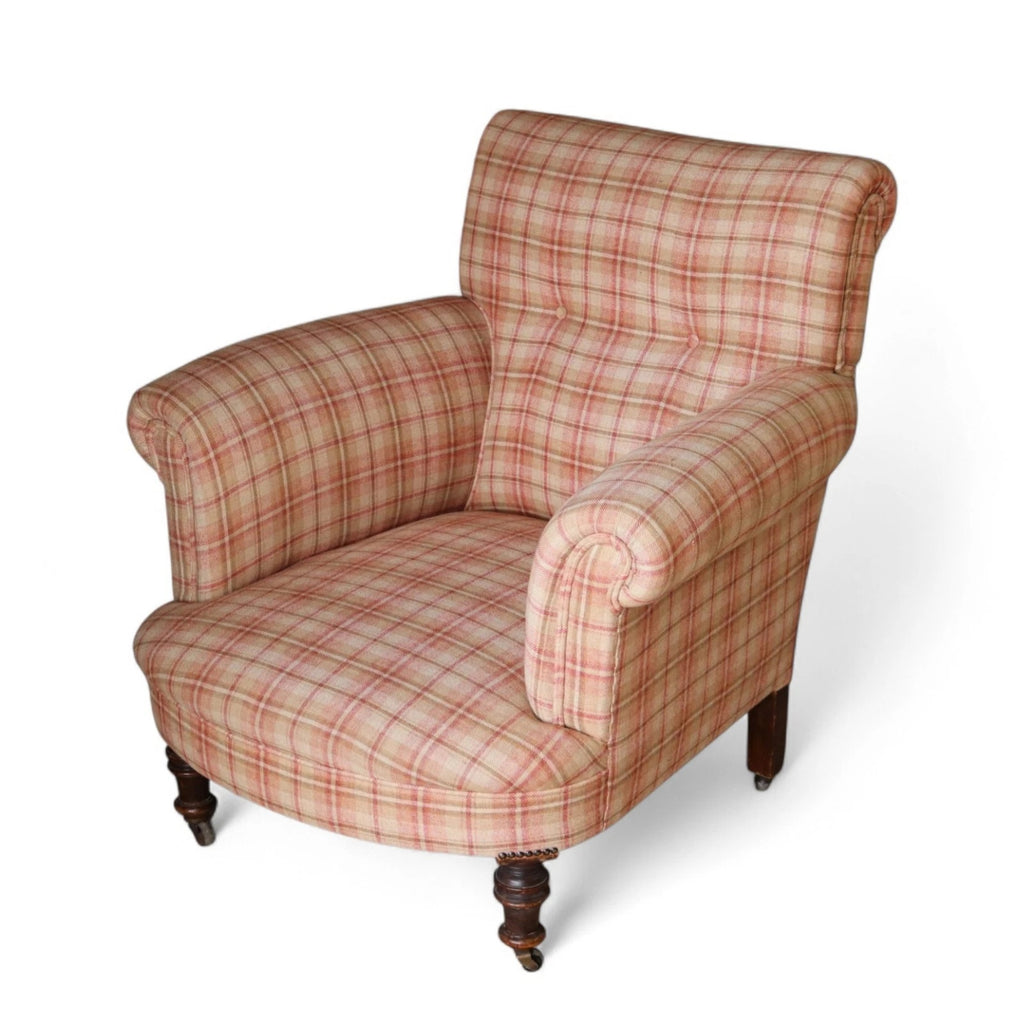 Antique Victorian Howard Style Armchair – Deep Seat – Plaid Upholstery