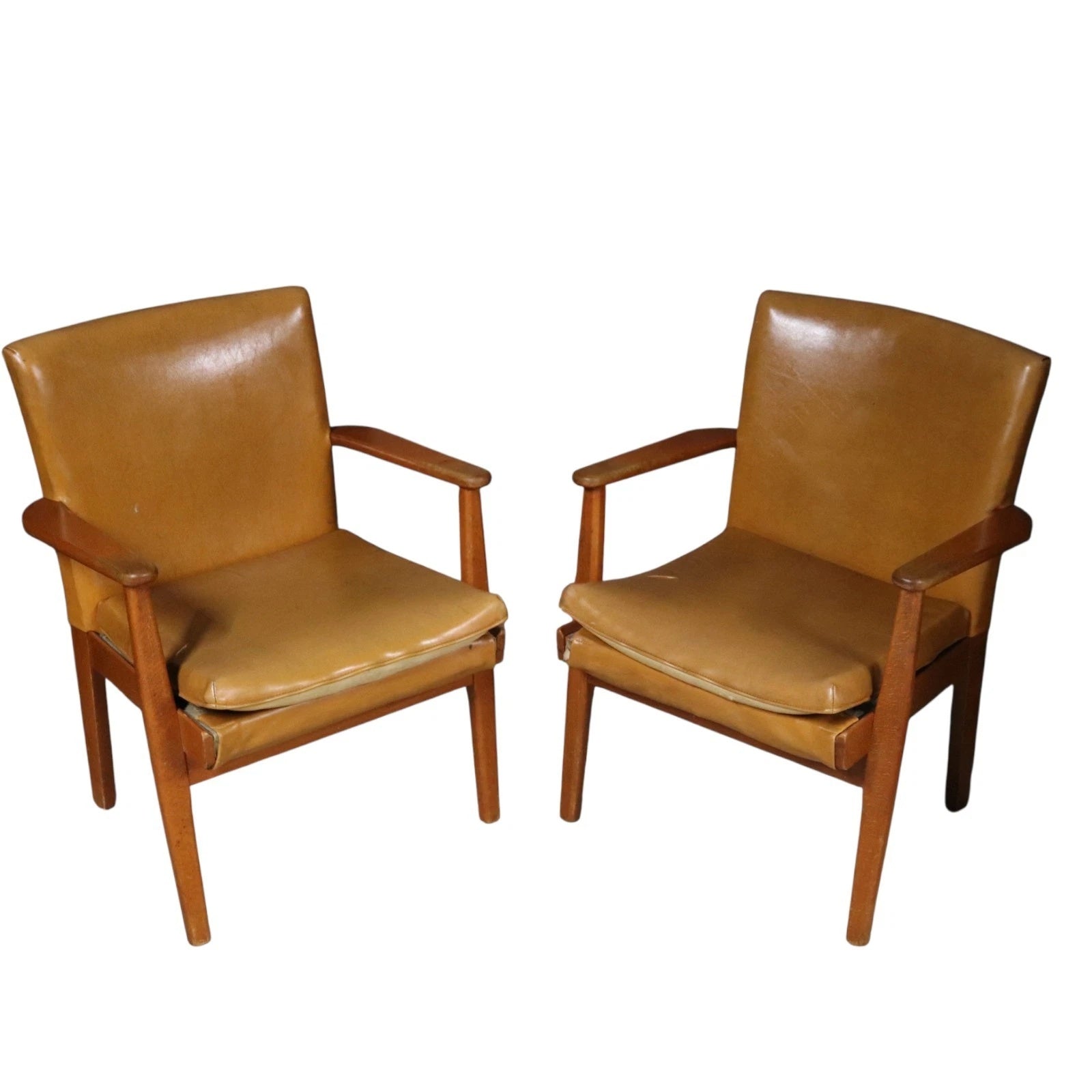 Pair of Vintage Parker Knoll PK 733 Armchairs - Mid Century Beech - Tan Vinyl