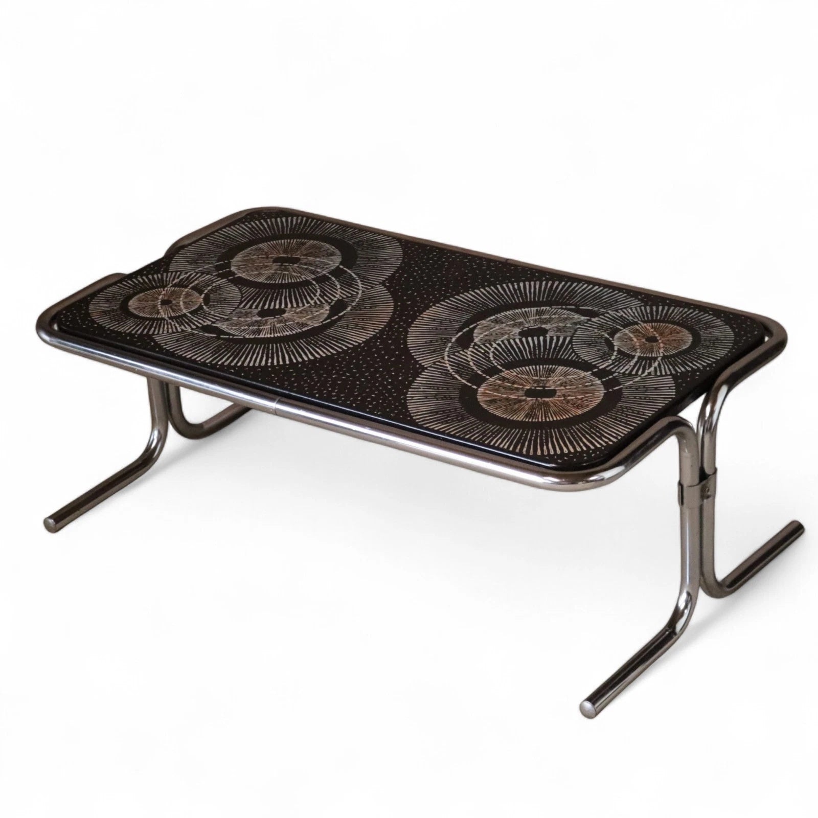 Mid Century 1970s Tubular Chrome Coffee Table Retro Space Age Sunburst Top