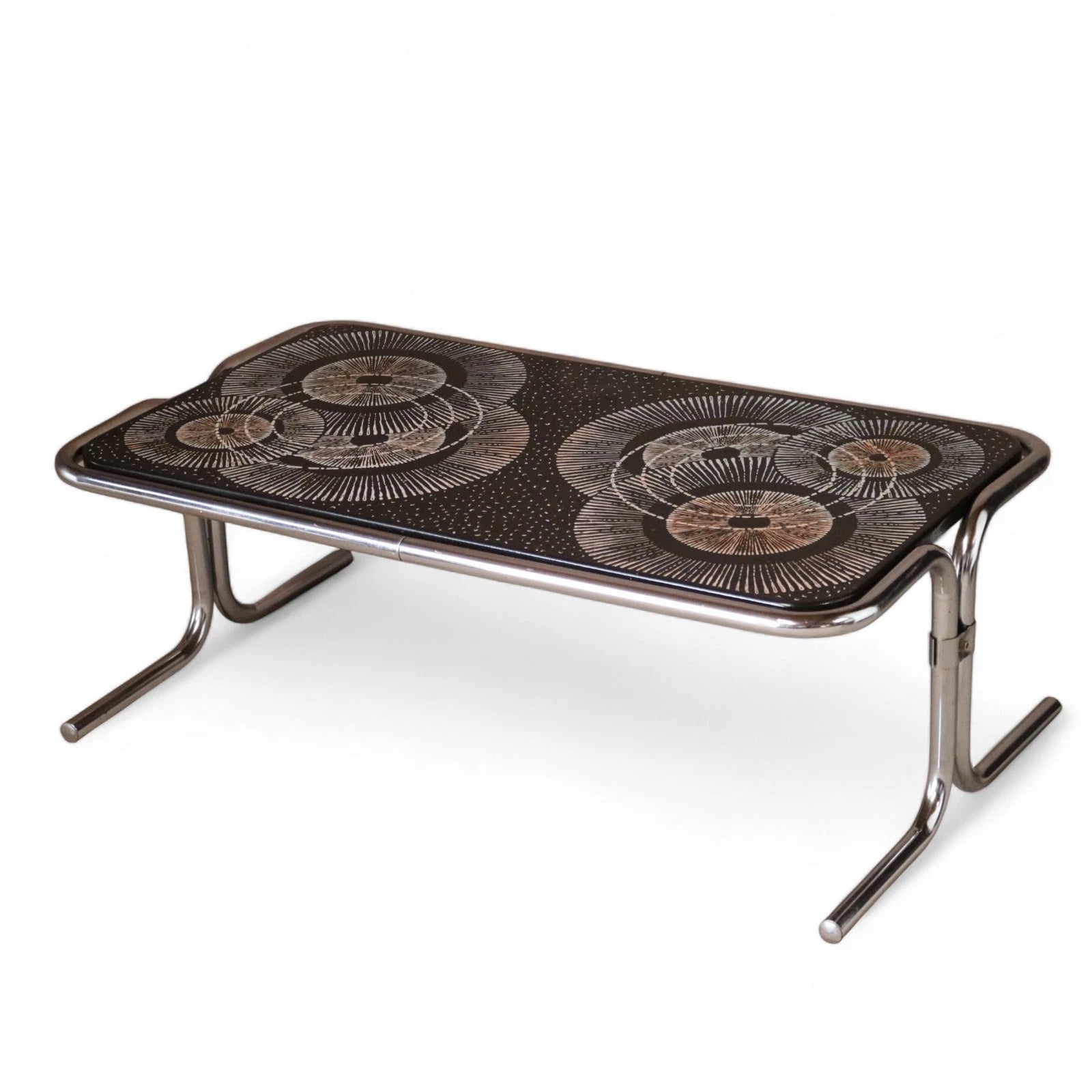 Mid Century 1970s Tubular Chrome Coffee Table Retro Space Age Sunburst Top