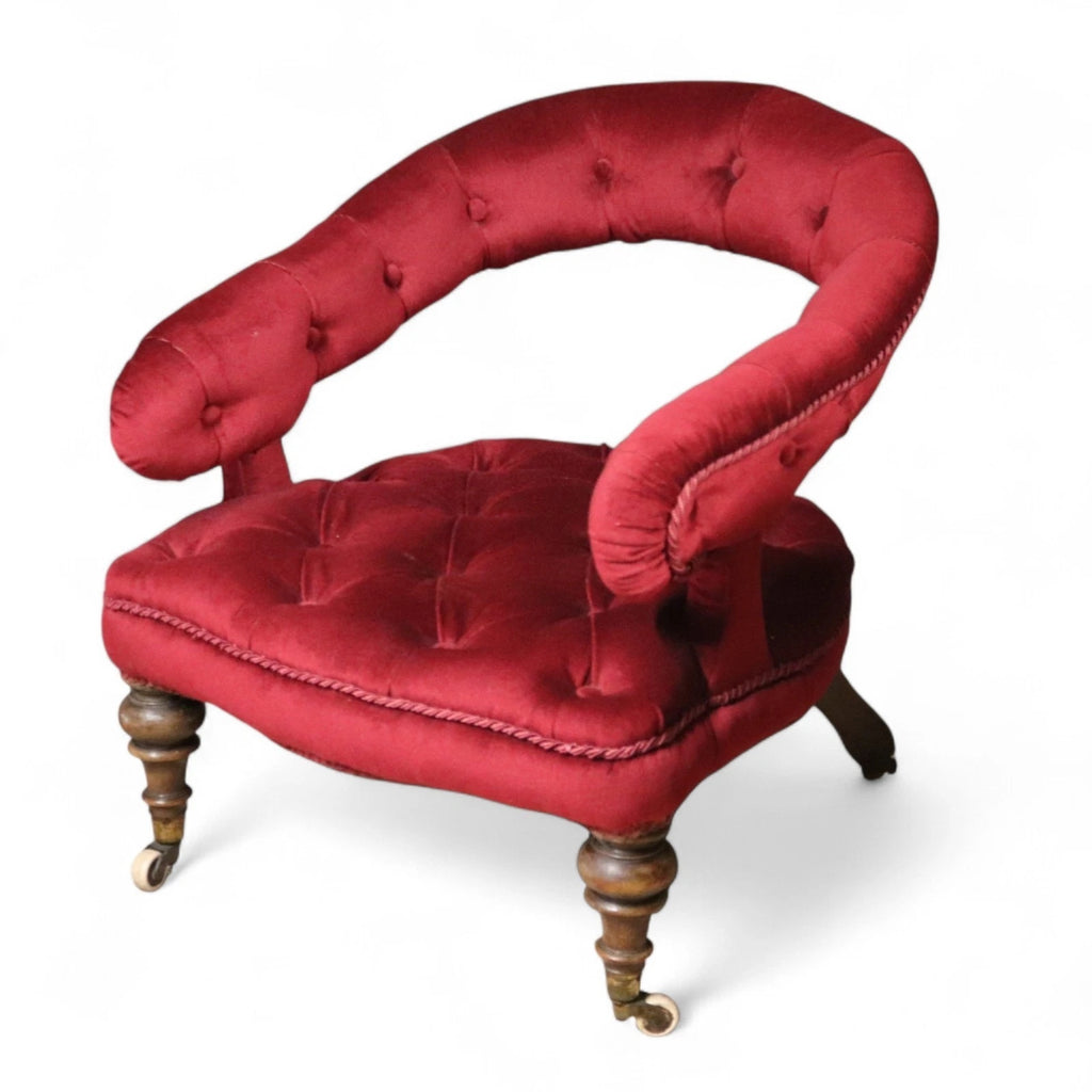 Victorian Deep-Buttoned Velvet Low Chair with Cope & Collinson Castors c.1880