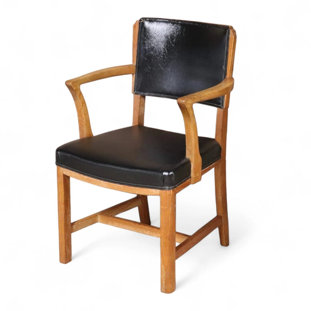 Art Deco Oak Desk Chair Heal’s Style 1930s Library Armchair Black Vinyl Office