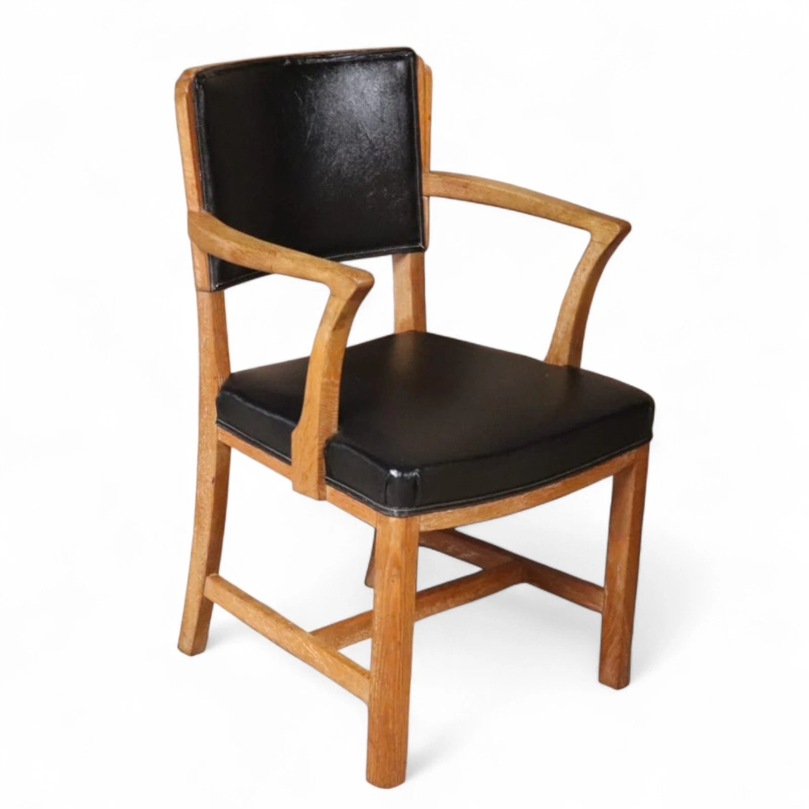 Art Deco Oak Desk Chair Heal’s Style 1930s Library Armchair Black Vinyl Office