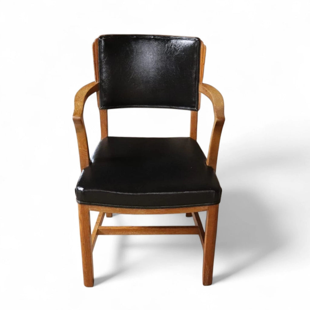 Art Deco Oak Desk Chair Heal’s Style 1930s Library Armchair Black Vinyl Office