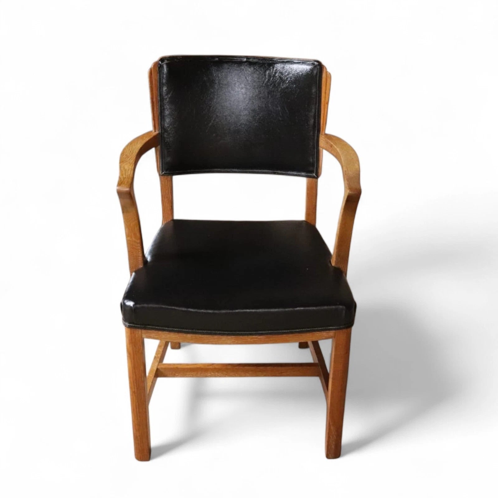 Art Deco Oak Desk Chair Heal’s Style 1930s Library Armchair Black Vinyl Office