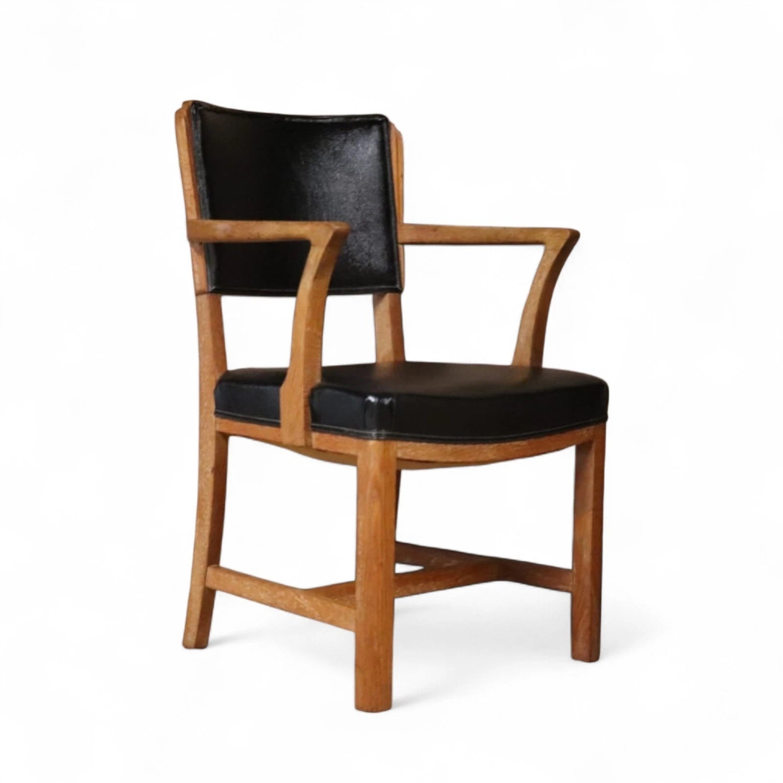 Art Deco Oak Desk Chair Heal’s Style 1930s Library Armchair Black Vinyl Office