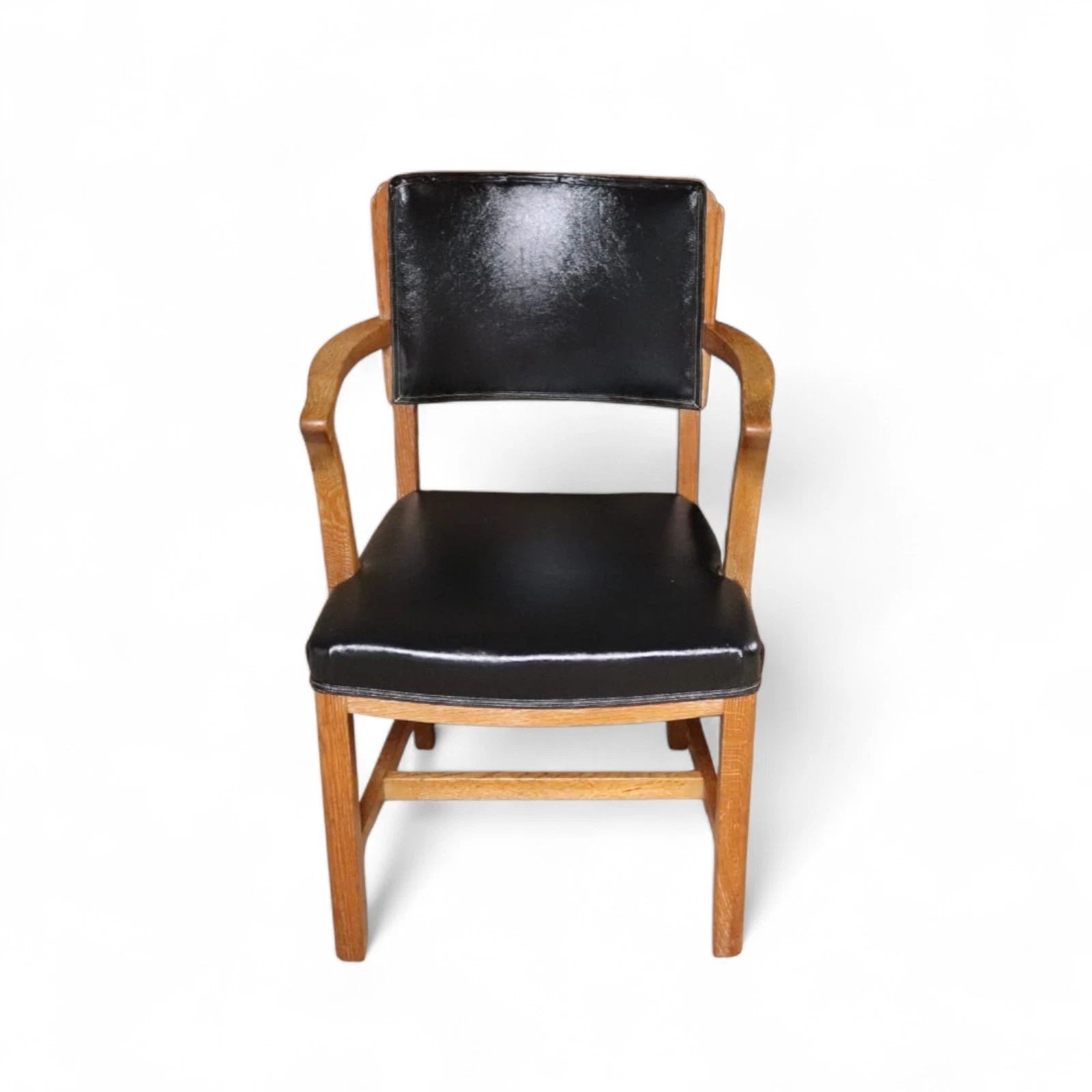 Art Deco Oak Desk Chair Heal’s Style 1930s Library Armchair Black Vinyl Office