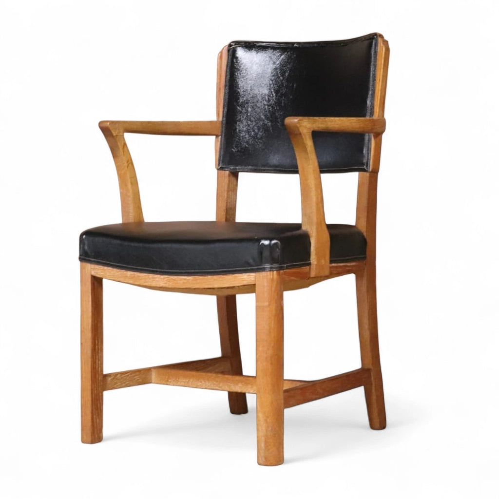 Art Deco Oak Desk Chair Heal’s Style 1930s Library Armchair Black Vinyl Office