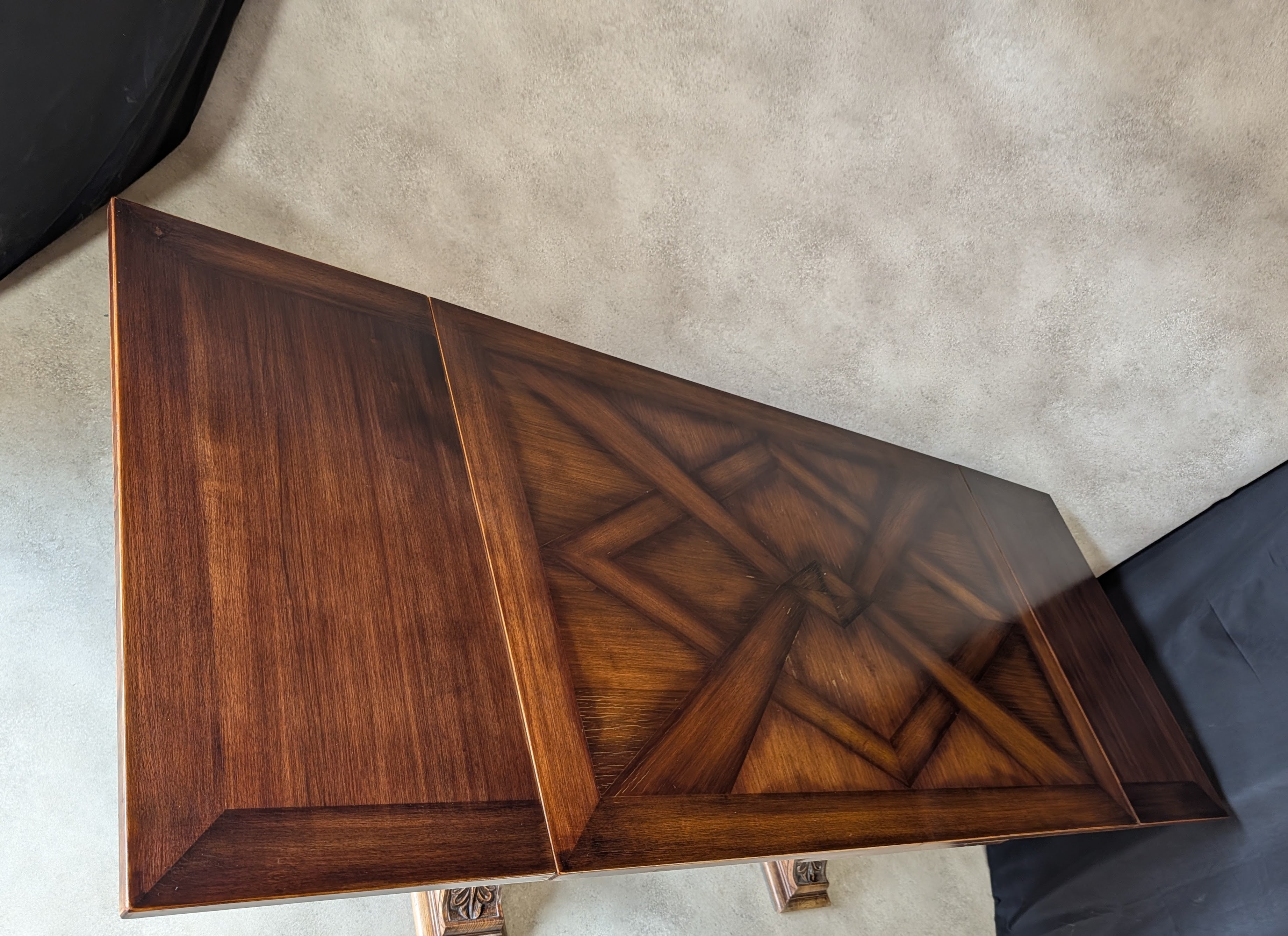 Vintage French Breton Carved Oak Draw Leaf Extending Dining Table  Figural Legs