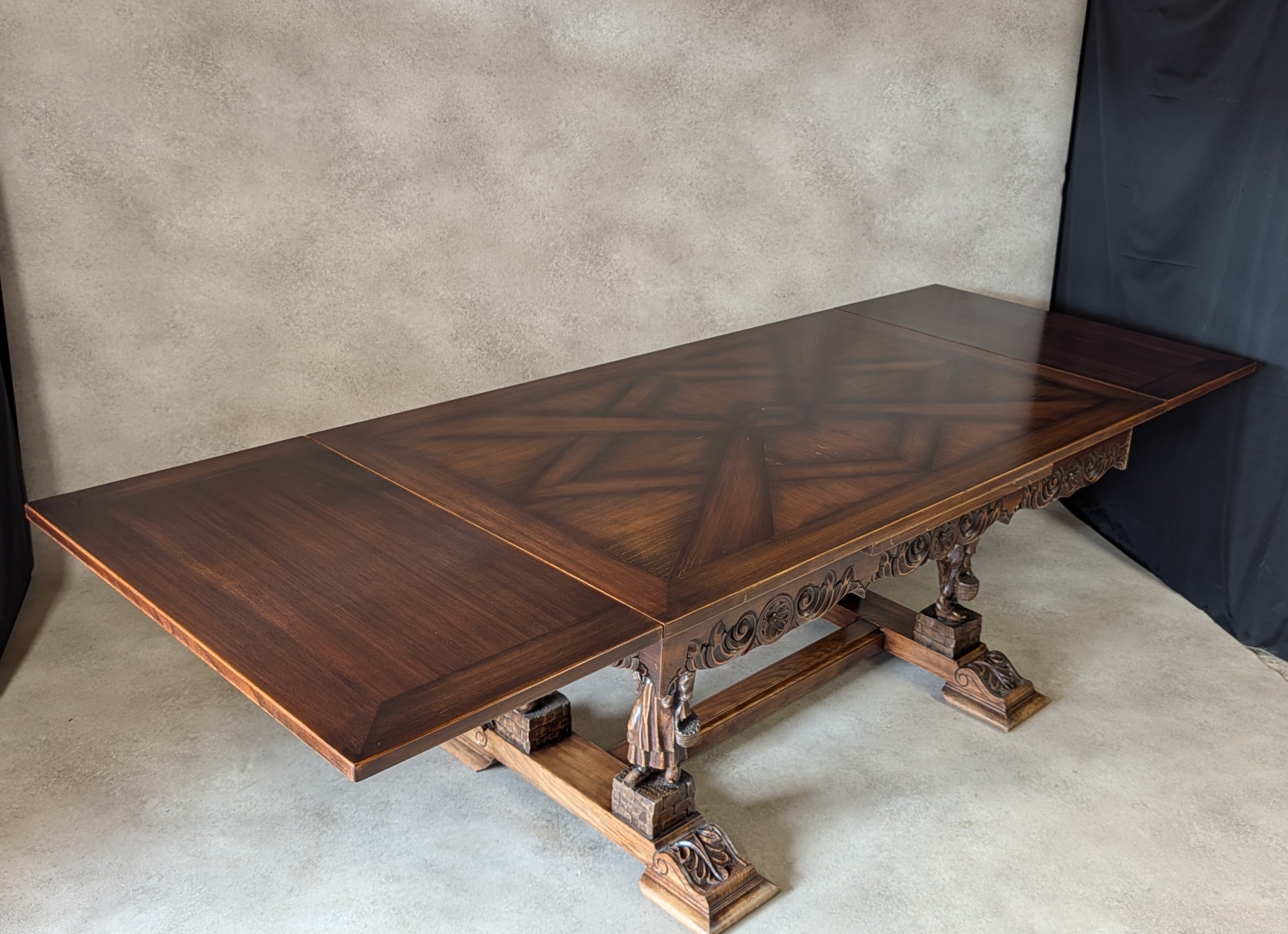 Vintage French Breton Carved Oak Draw Leaf Extending Dining Table  Figural Legs