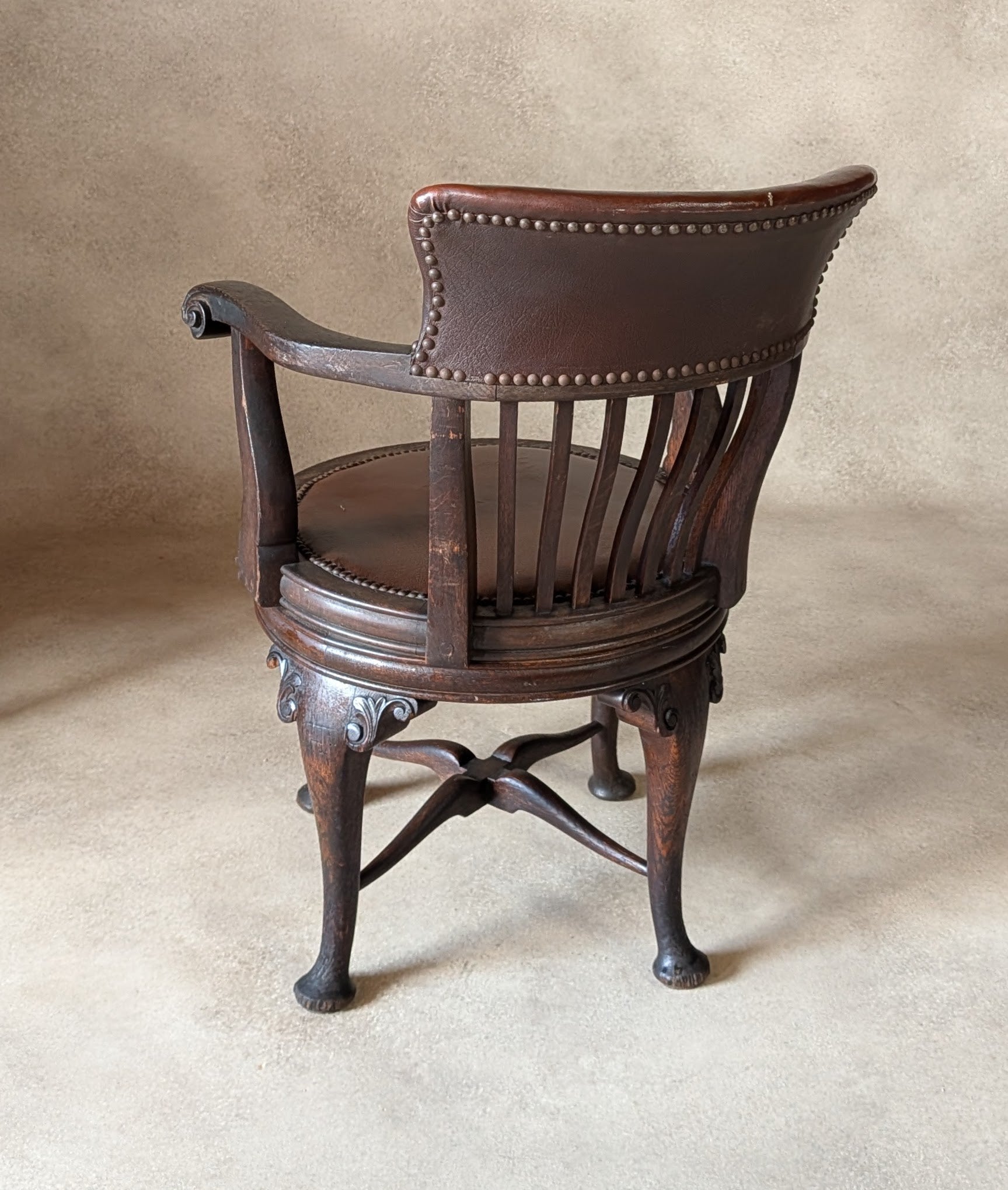 Antique Oak Captains Chair Edwardian Swivel Office Desk Chair