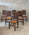 Set of 6 Vintage French Breton Oak Rush Seat Dining Chairs - Hand Carved
