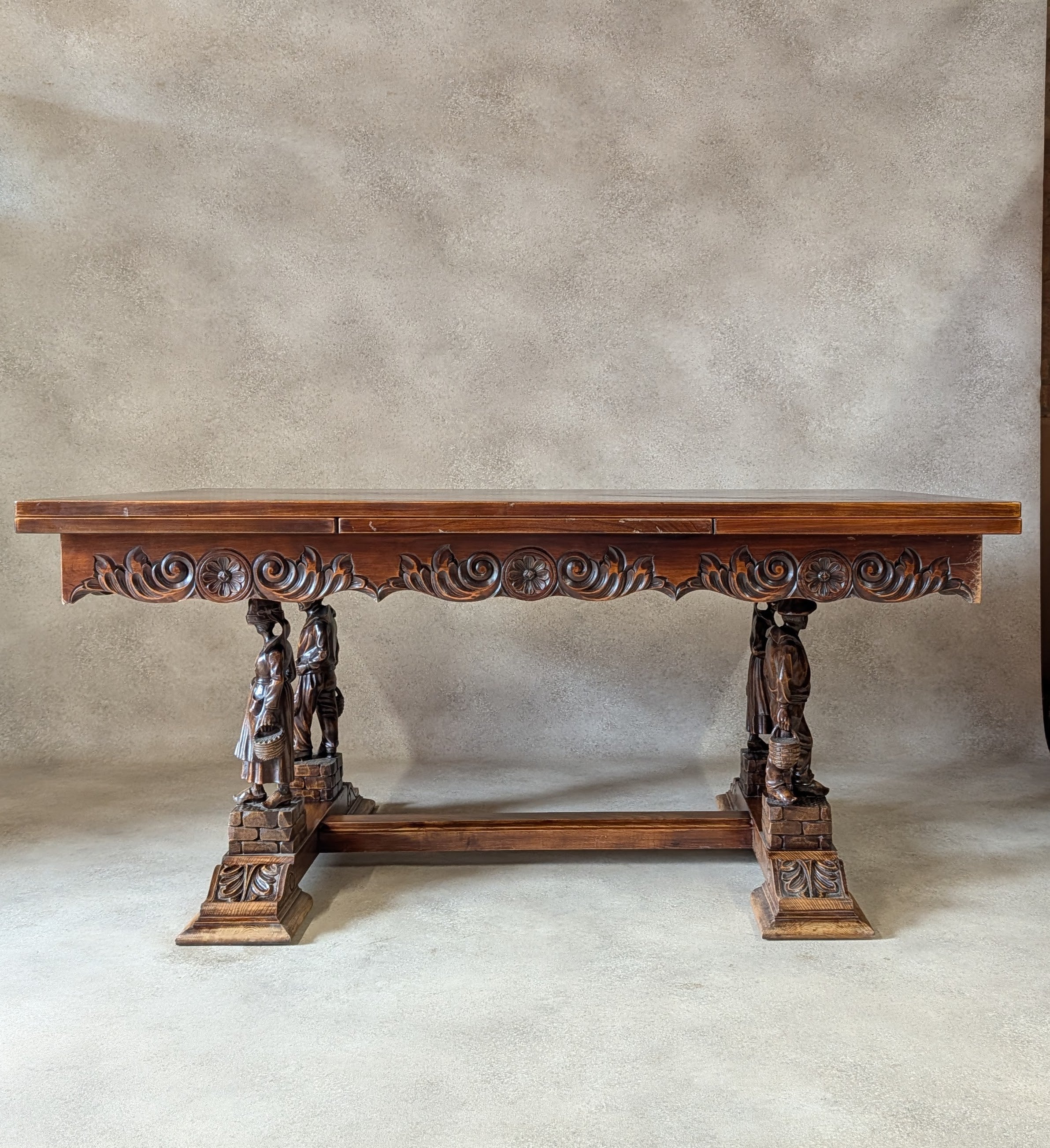 Vintage French Breton Carved Oak Draw Leaf Extending Dining Table  Figural Legs