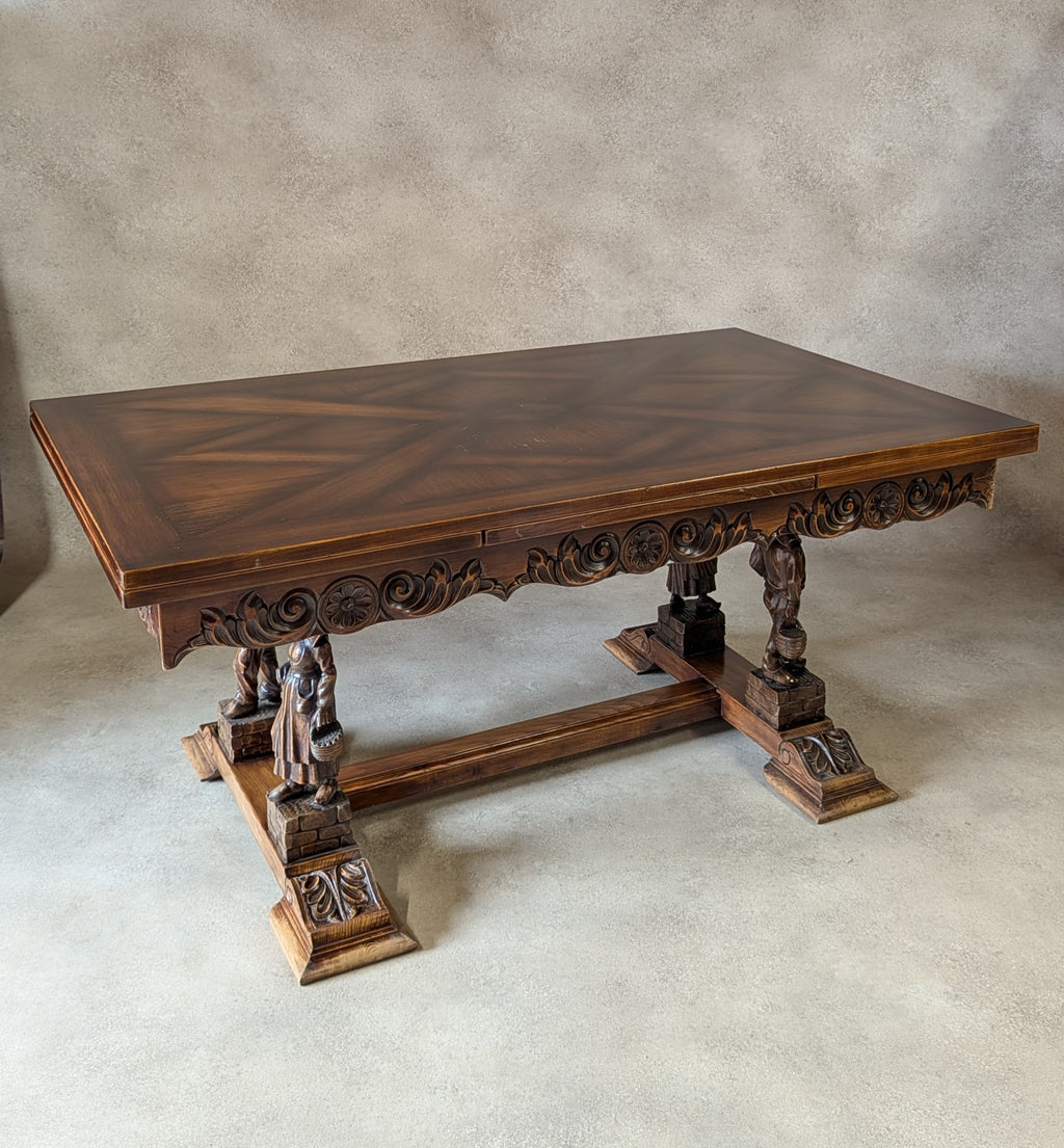 Vintage French Breton Carved Oak Draw Leaf Extending Dining Table  Figural Legs