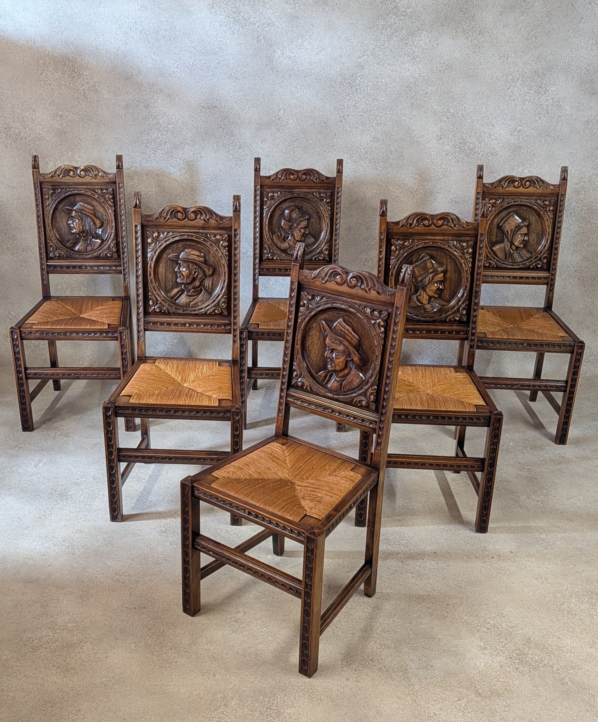 Set of 6 Vintage French Breton Oak Rush Seat Dining Chairs - Hand Carved