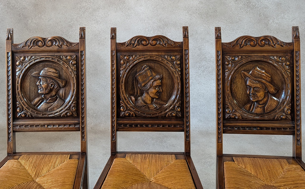 Set of 6 Vintage French Breton Oak Rush Seat Dining Chairs - Hand Carved