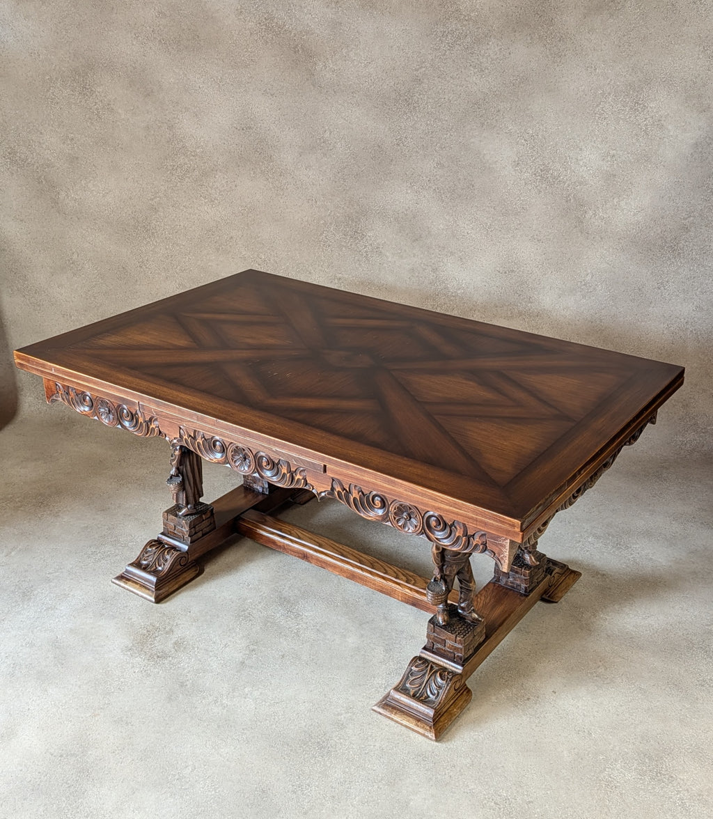Vintage French Breton Carved Oak Draw Leaf Extending Dining Table  Figural Legs