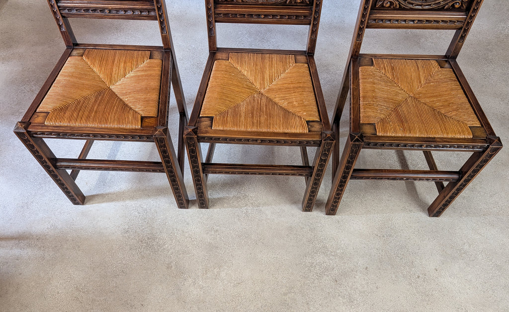 Set of 6 Vintage French Breton Oak Rush Seat Dining Chairs - Hand Carved