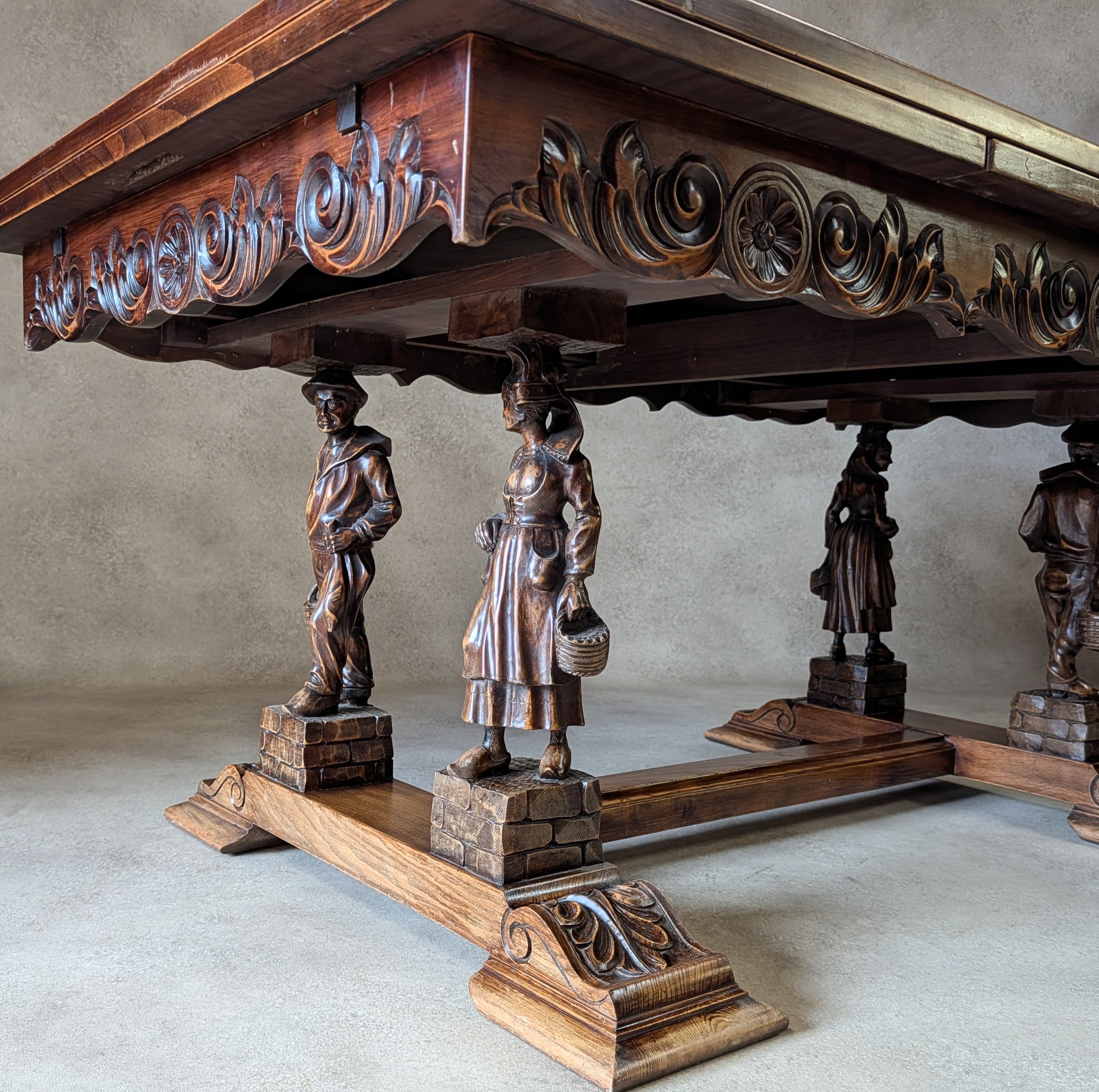 Vintage French Breton Carved Oak Draw Leaf Extending Dining Table  Figural Legs