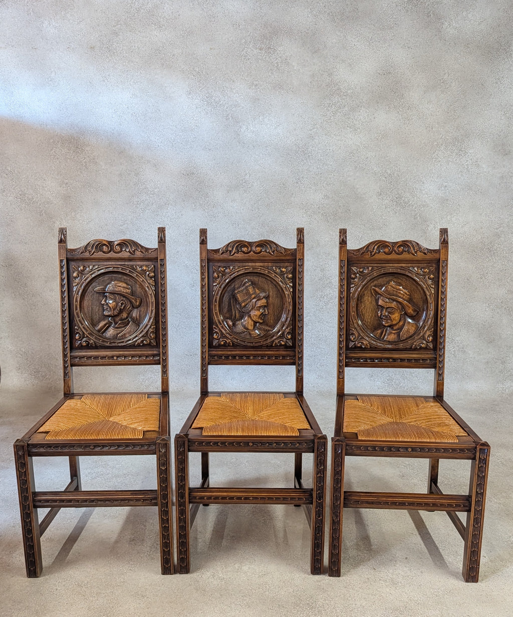Set of 6 Vintage French Breton Oak Rush Seat Dining Chairs - Hand Carved