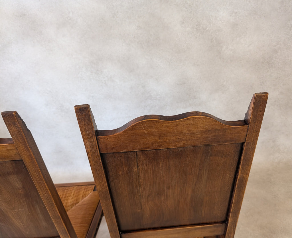 Set of 6 Vintage French Breton Oak Rush Seat Dining Chairs - Hand Carved
