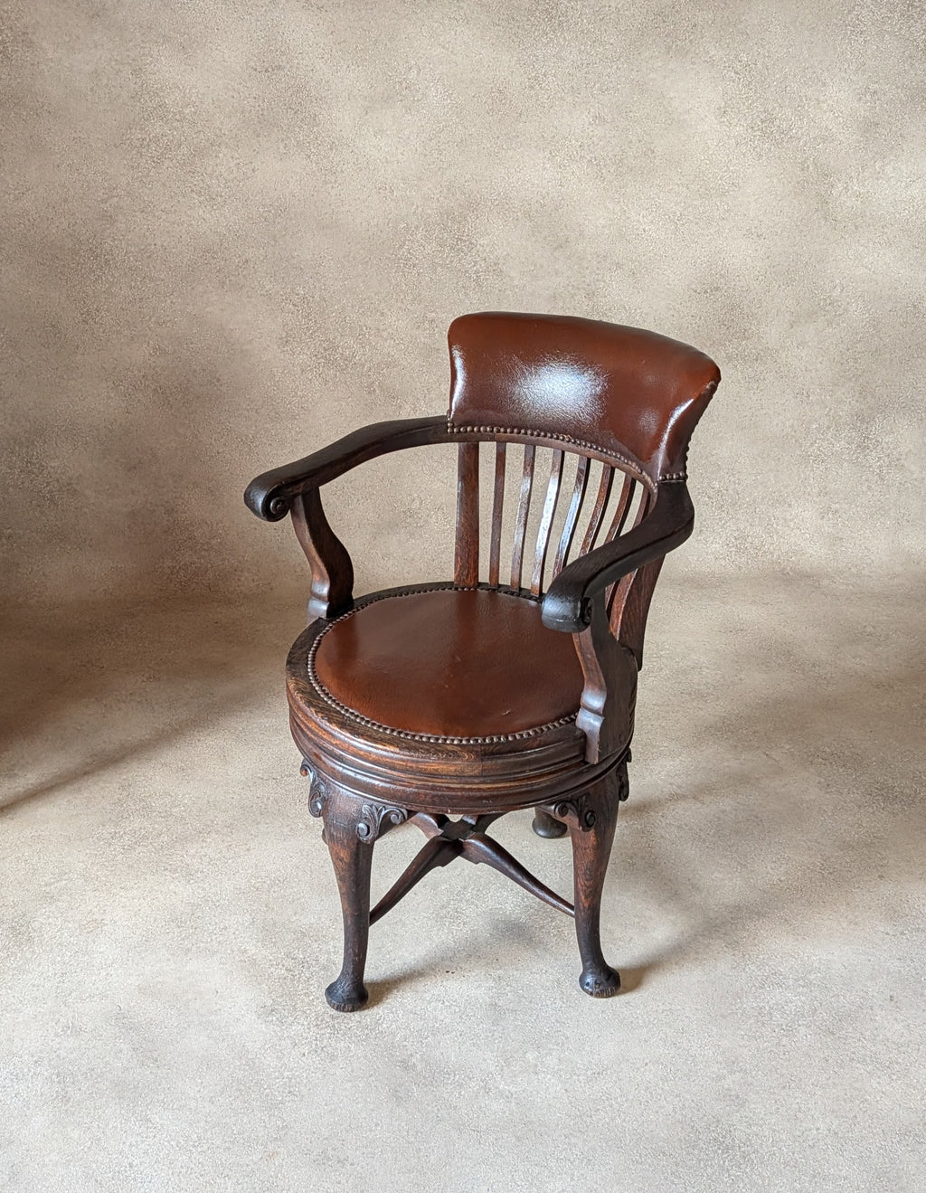 Antique Oak Captains Chair Edwardian Swivel Office Desk Chair