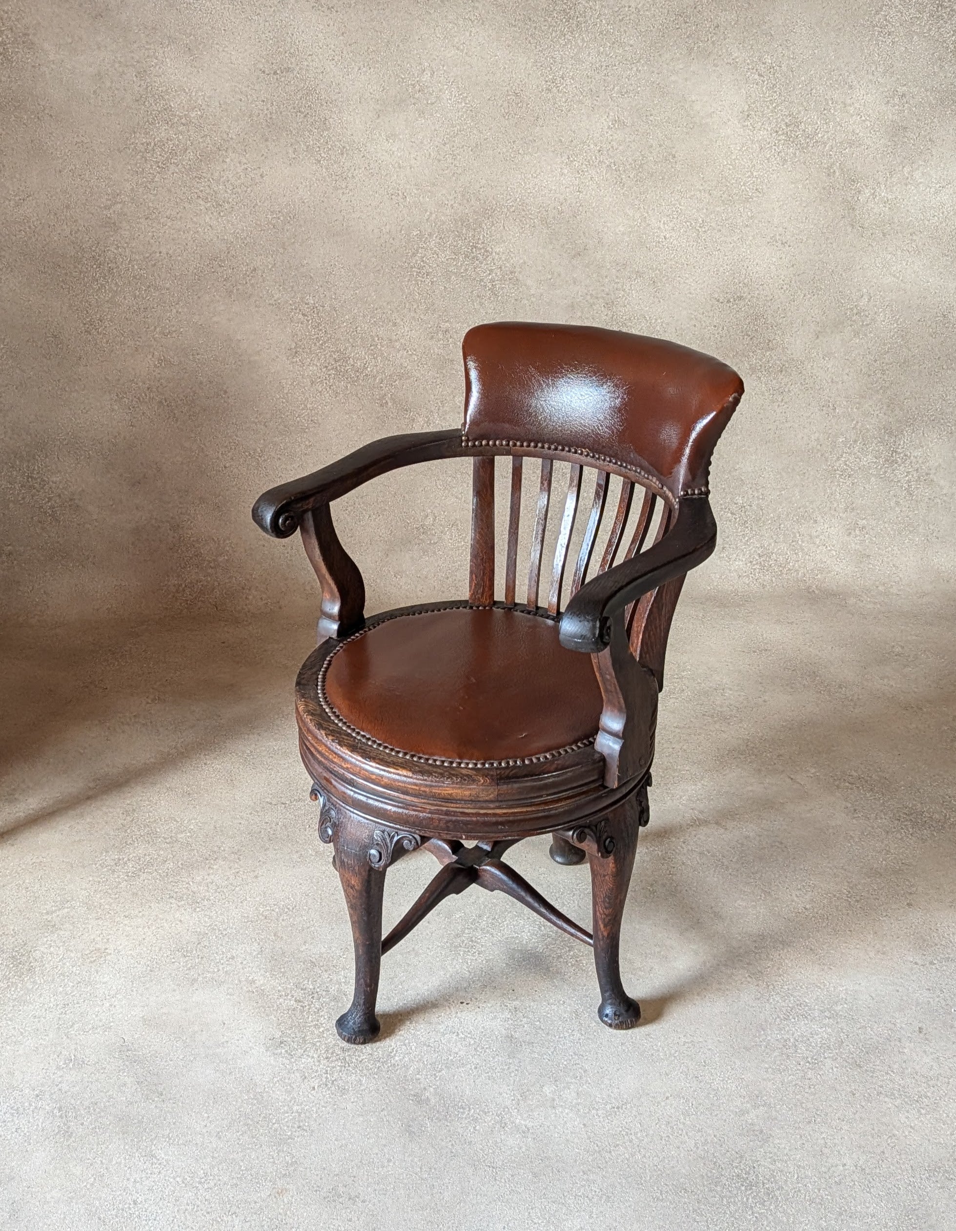 Antique Oak Captains Chair Edwardian Swivel Office Desk Chair