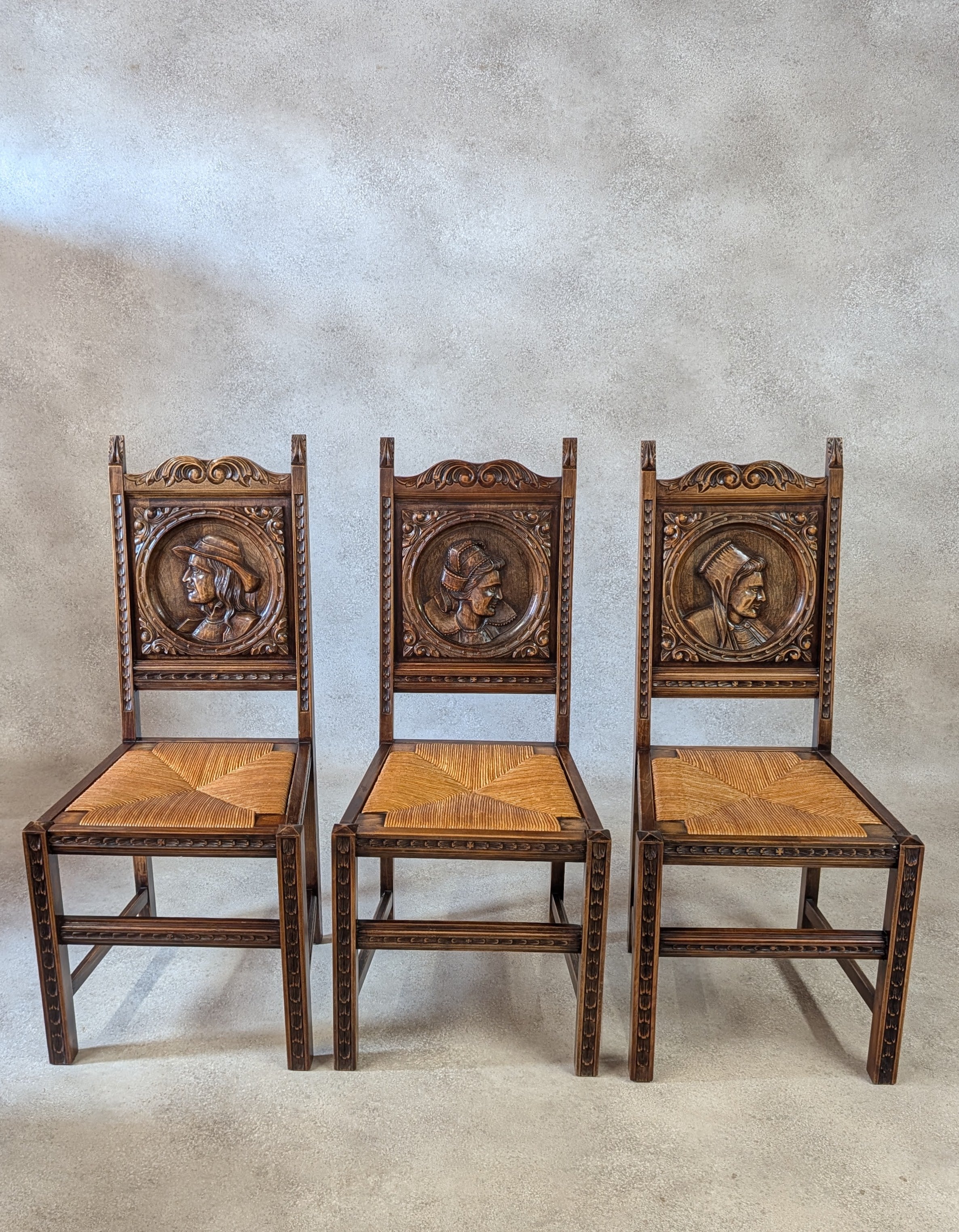 Set of 6 Vintage French Breton Oak Rush Seat Dining Chairs - Hand Carved