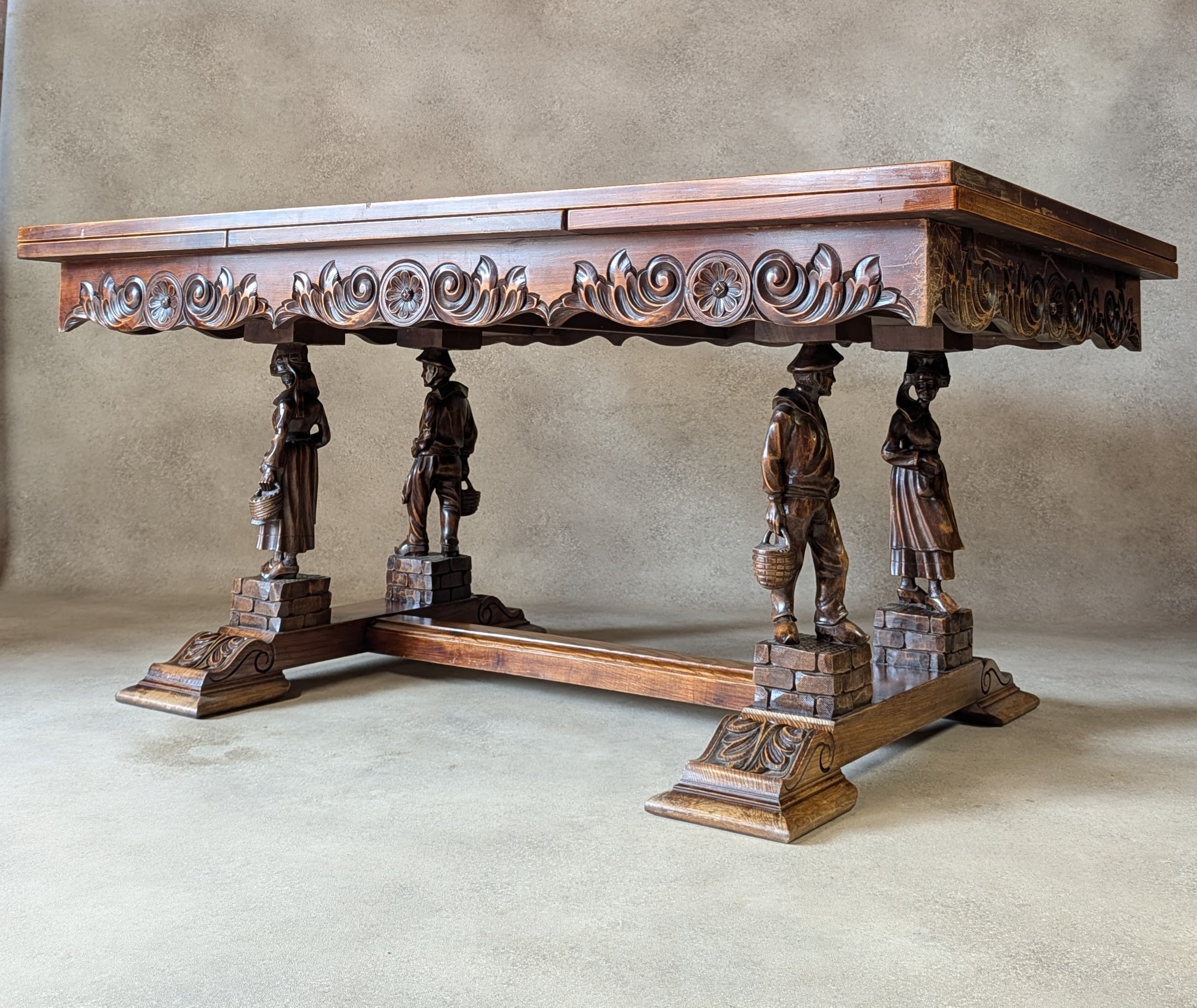 Vintage French Breton Carved Oak Draw Leaf Extending Dining Table  Figural Legs