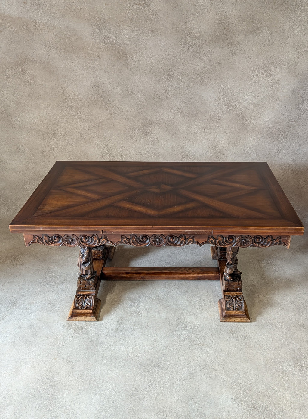 Vintage French Breton Carved Oak Draw Leaf Extending Dining Table  Figural Legs