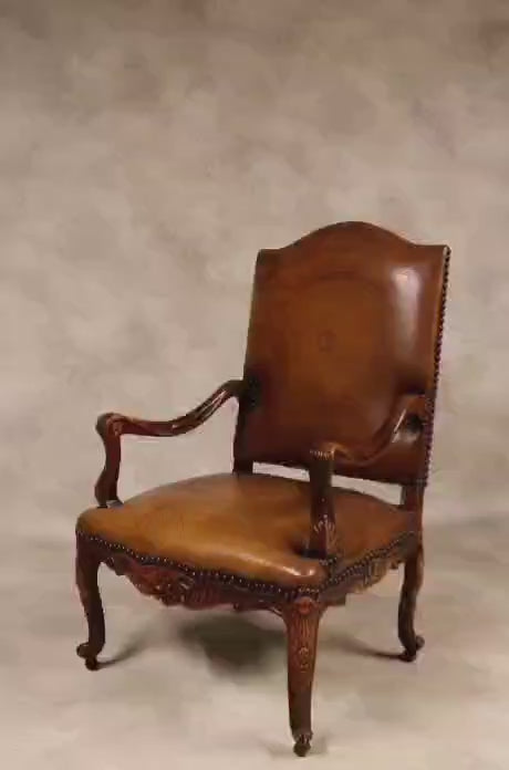Vintage French Louis XV Style Carved Beechwood Fauteuil Tooled Leather Armchair