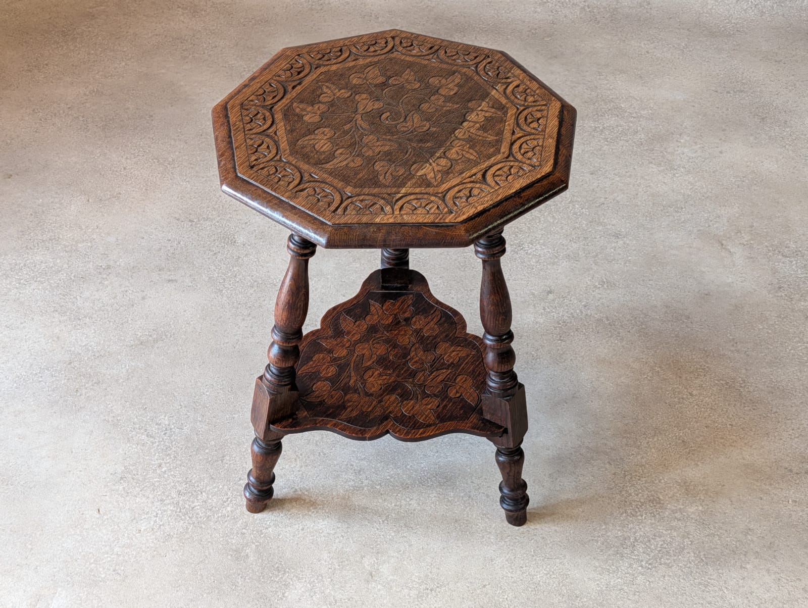 Antique Arts & Crafts Carved Oak Side Table Liberty Style Octagonal Plant Stand