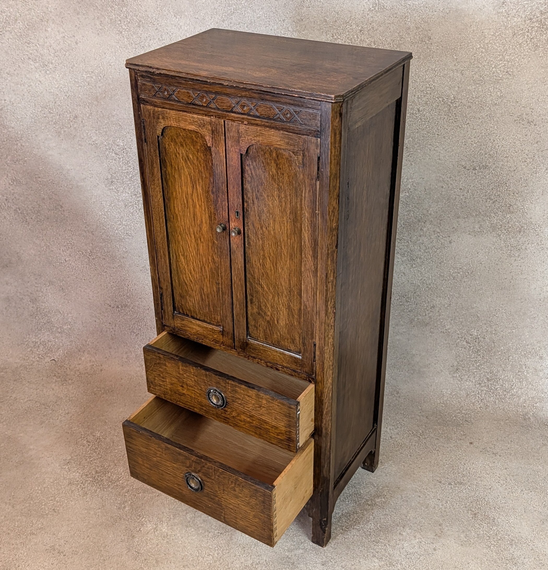Vintage Oak Hall Cupboard 1930s Jacobean Revival Cupboard Compact Oak Cabinet