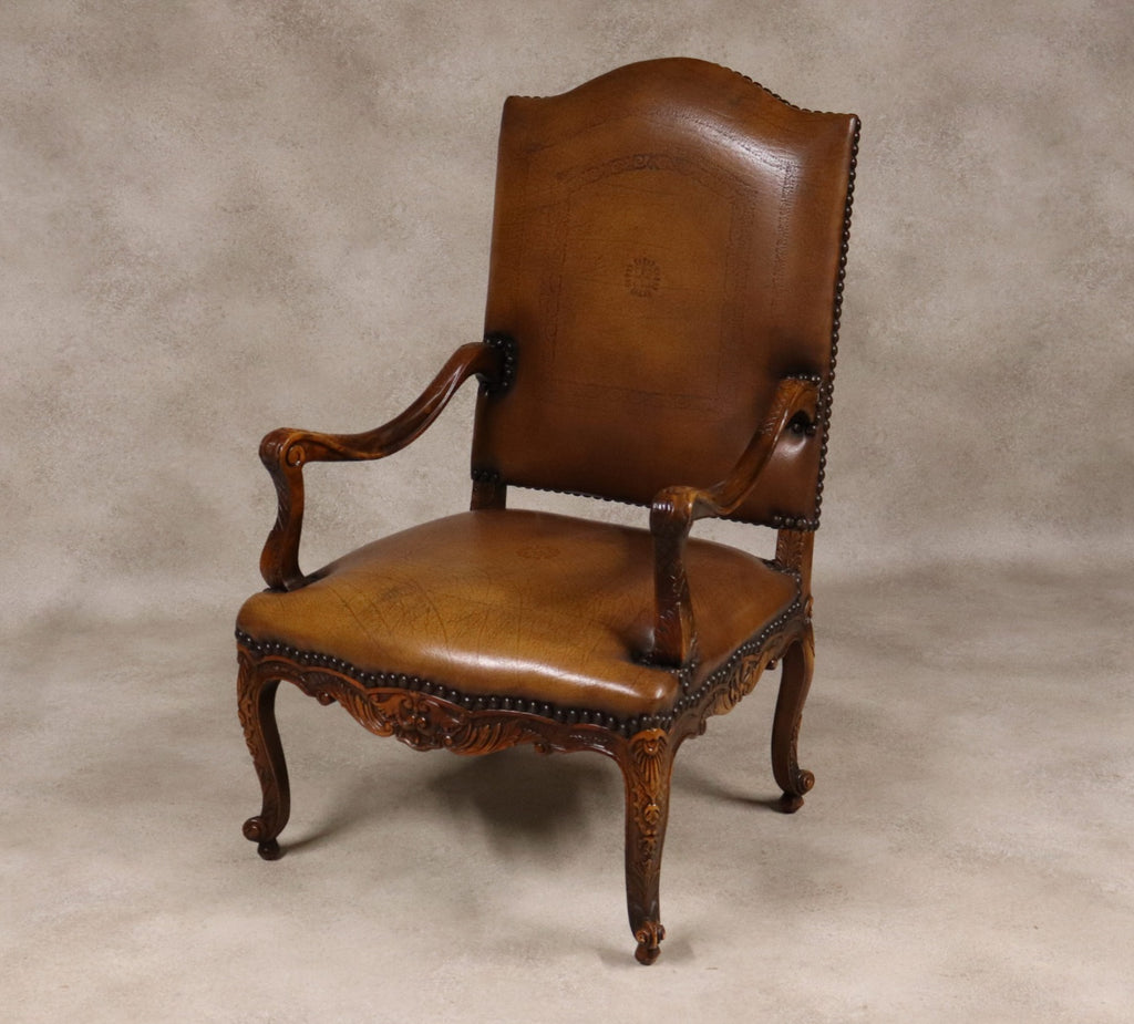 Vintage French Louis XV Style Carved Beechwood Fauteuil Tooled Leather Armchair