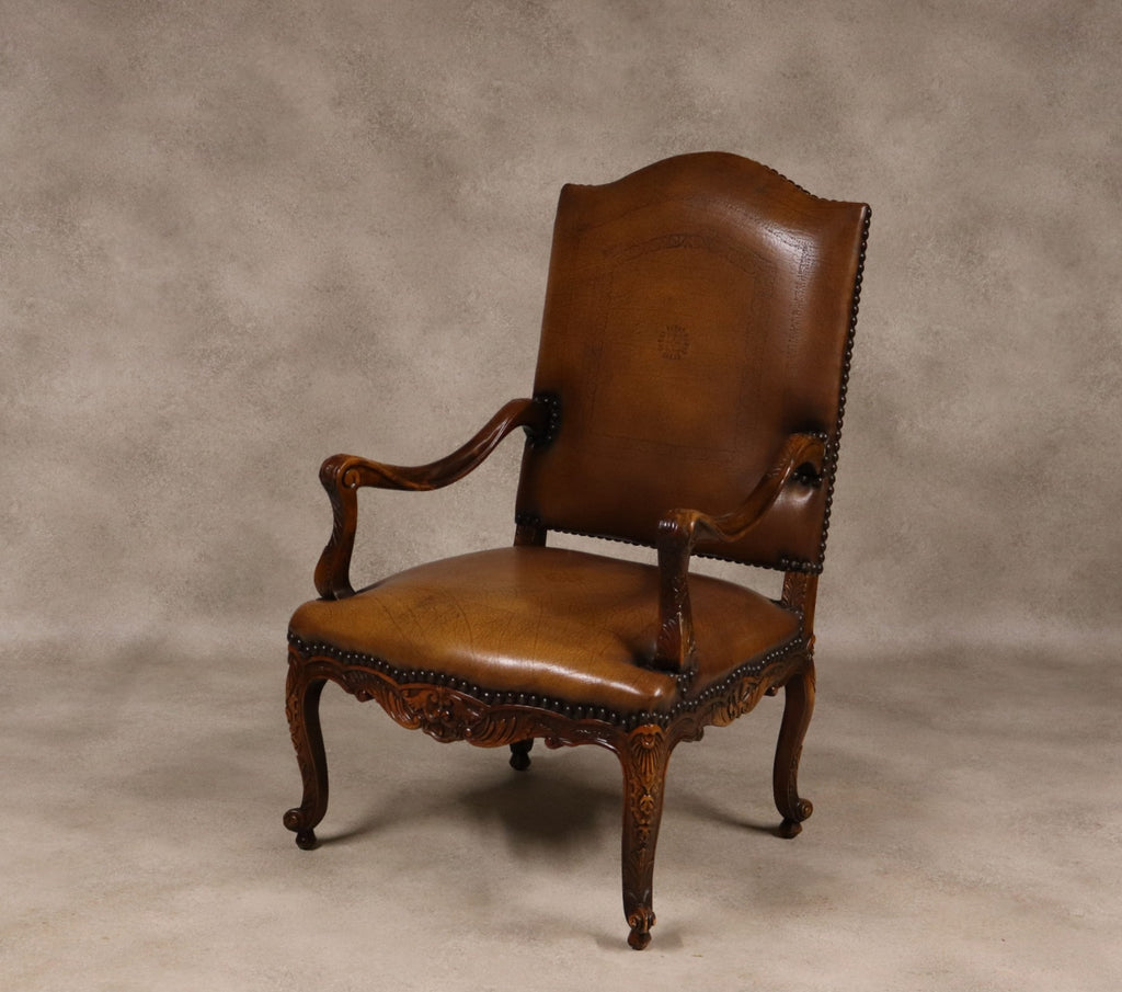 Vintage French Louis XV Style Carved Beechwood Fauteuil Tooled Leather Armchair