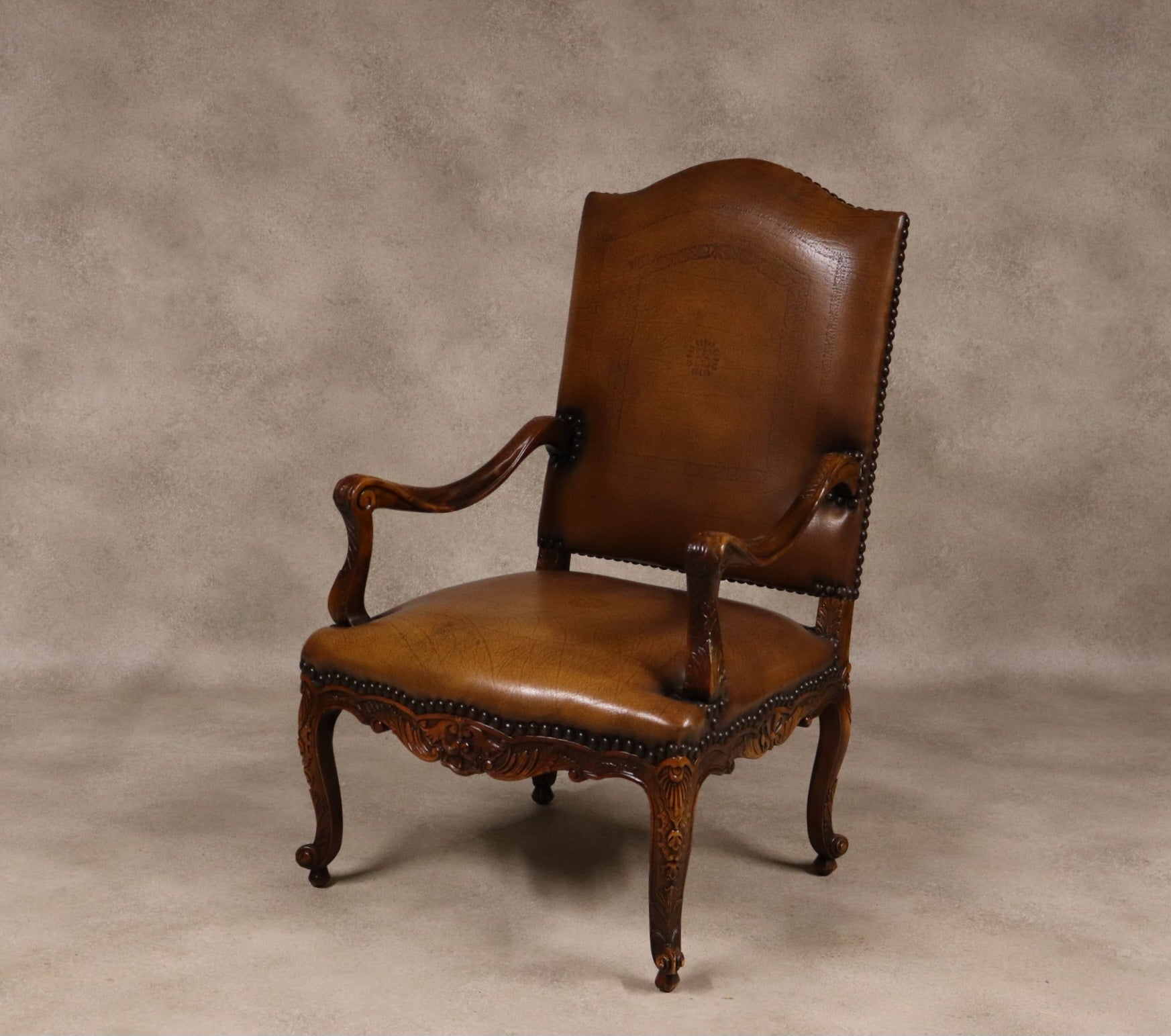 Vintage French Louis XV Style Carved Beechwood Fauteuil Tooled Leather Armchair