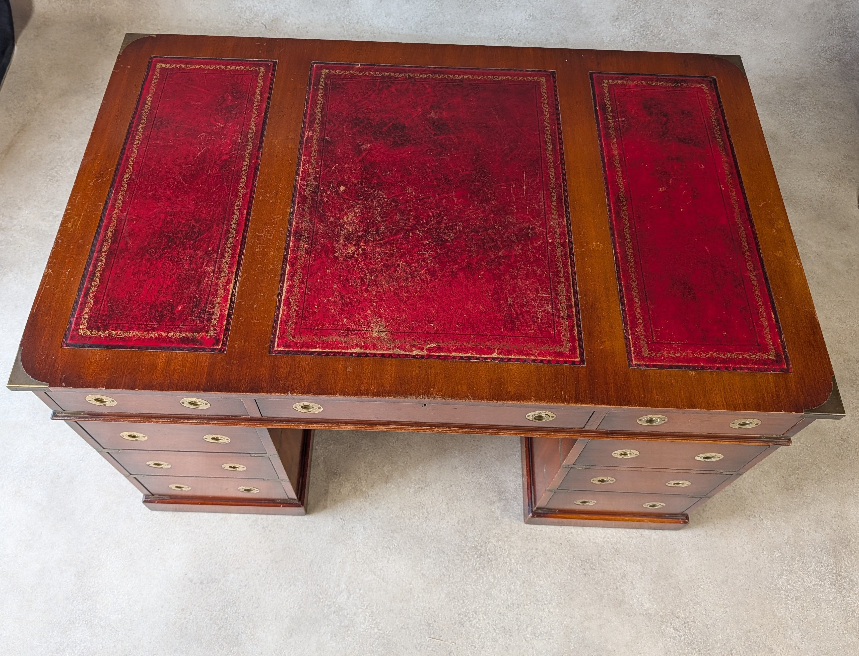 Vintage Red Leather Top Desk Campaign Military Style Mahogany Writing Desk