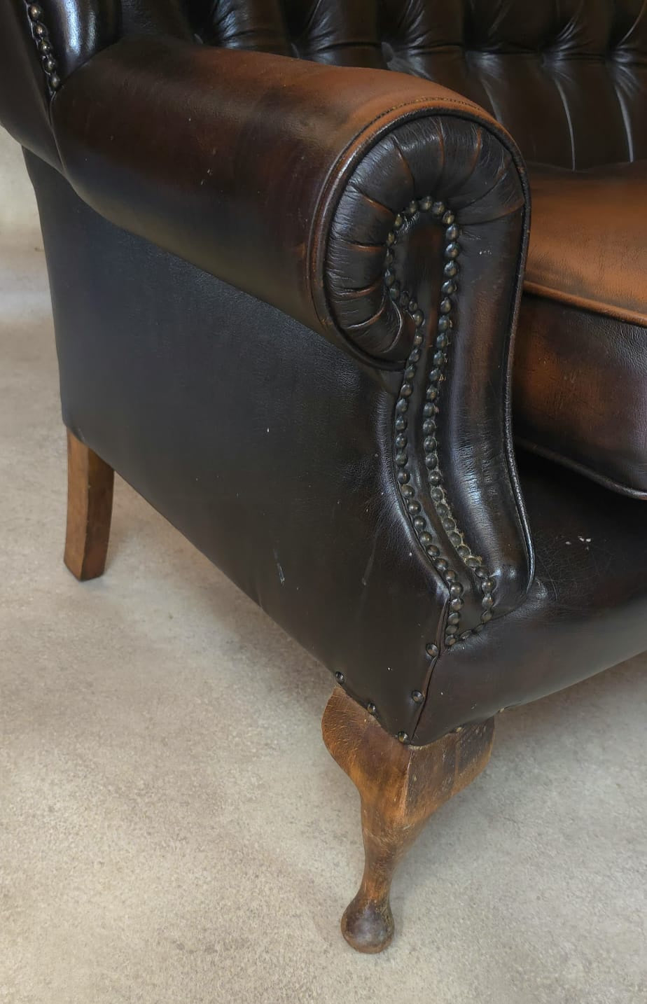 Vintage Queen Anne Style High Back Brown Leather Chesterfield Sofa