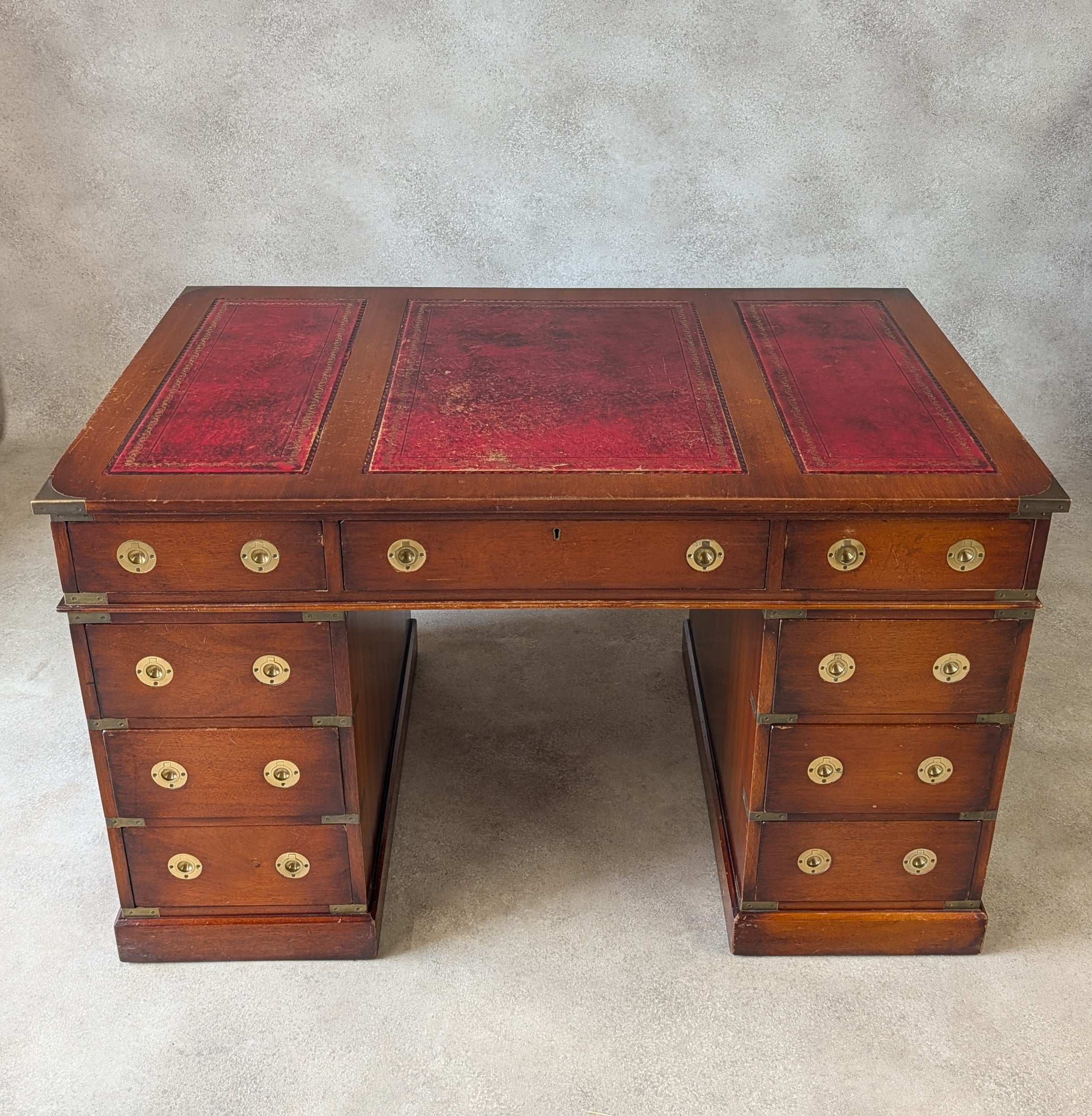 Vintage Red Leather Top Desk Campaign Military Style Mahogany Writing Desk