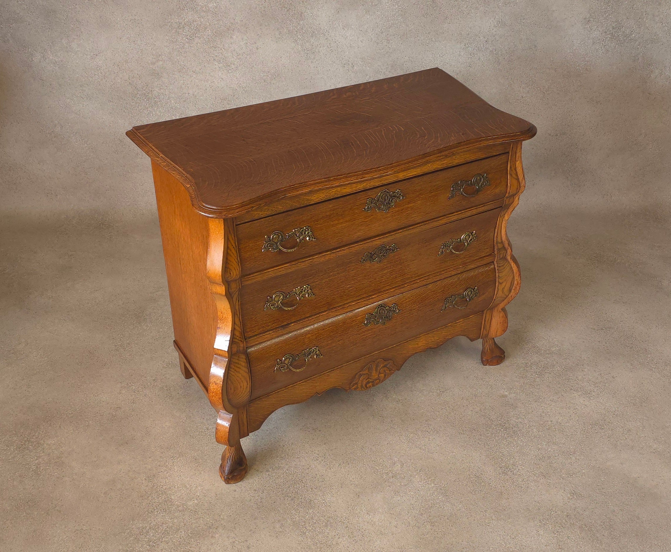 Small Oak Dutch Bombe Commode – Ornate Vintage Three-Drawer Chest