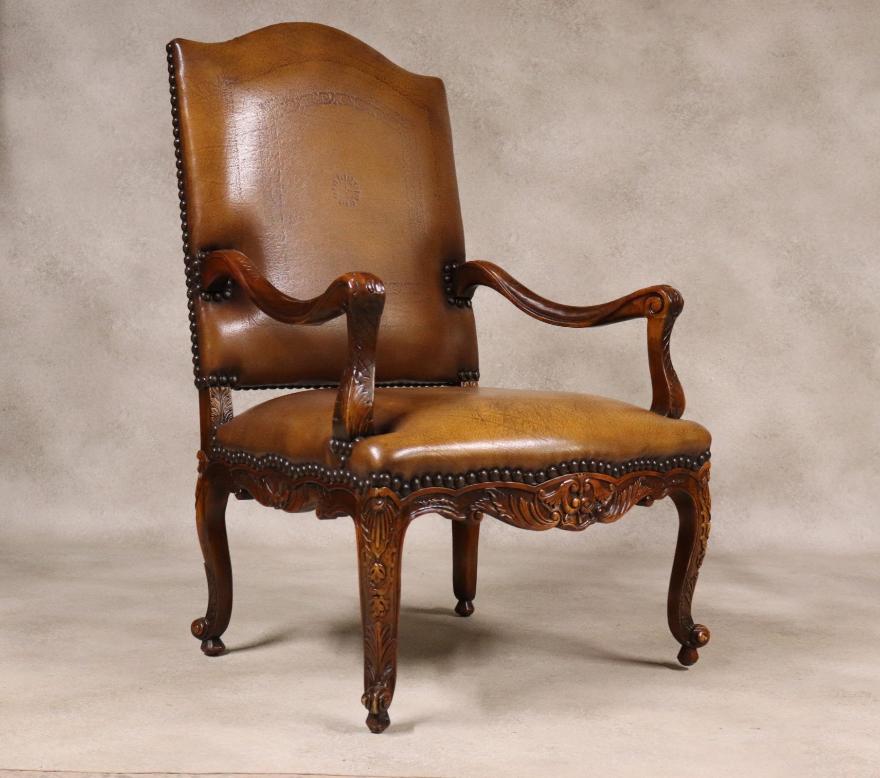 Vintage French Louis XV Style Carved Beechwood Fauteuil Tooled Leather Armchair