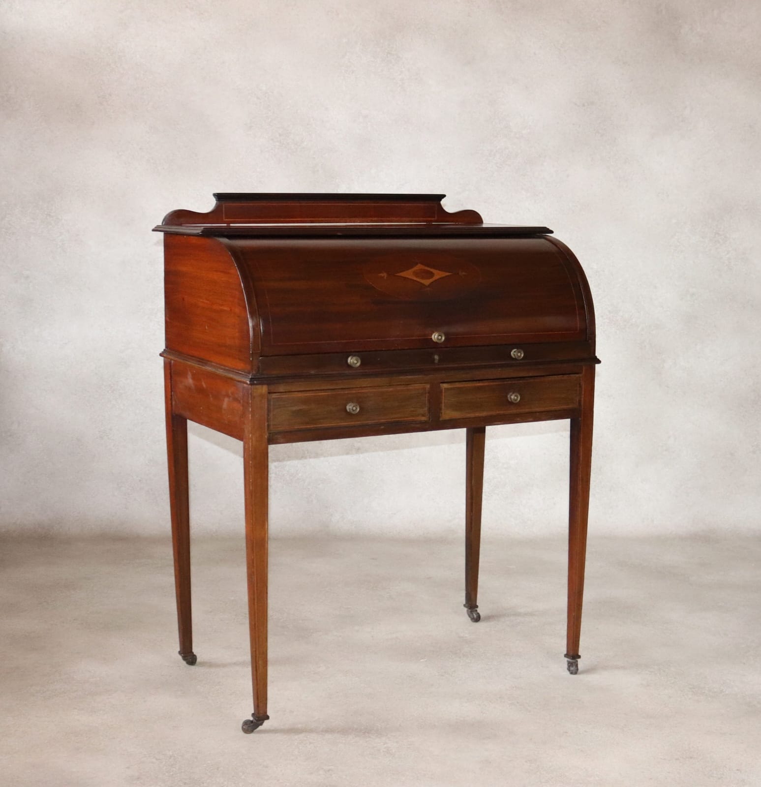 Antique Edwardian Mahogany Cylinder Bureau Desk - Sheraton Style - Circa 1900