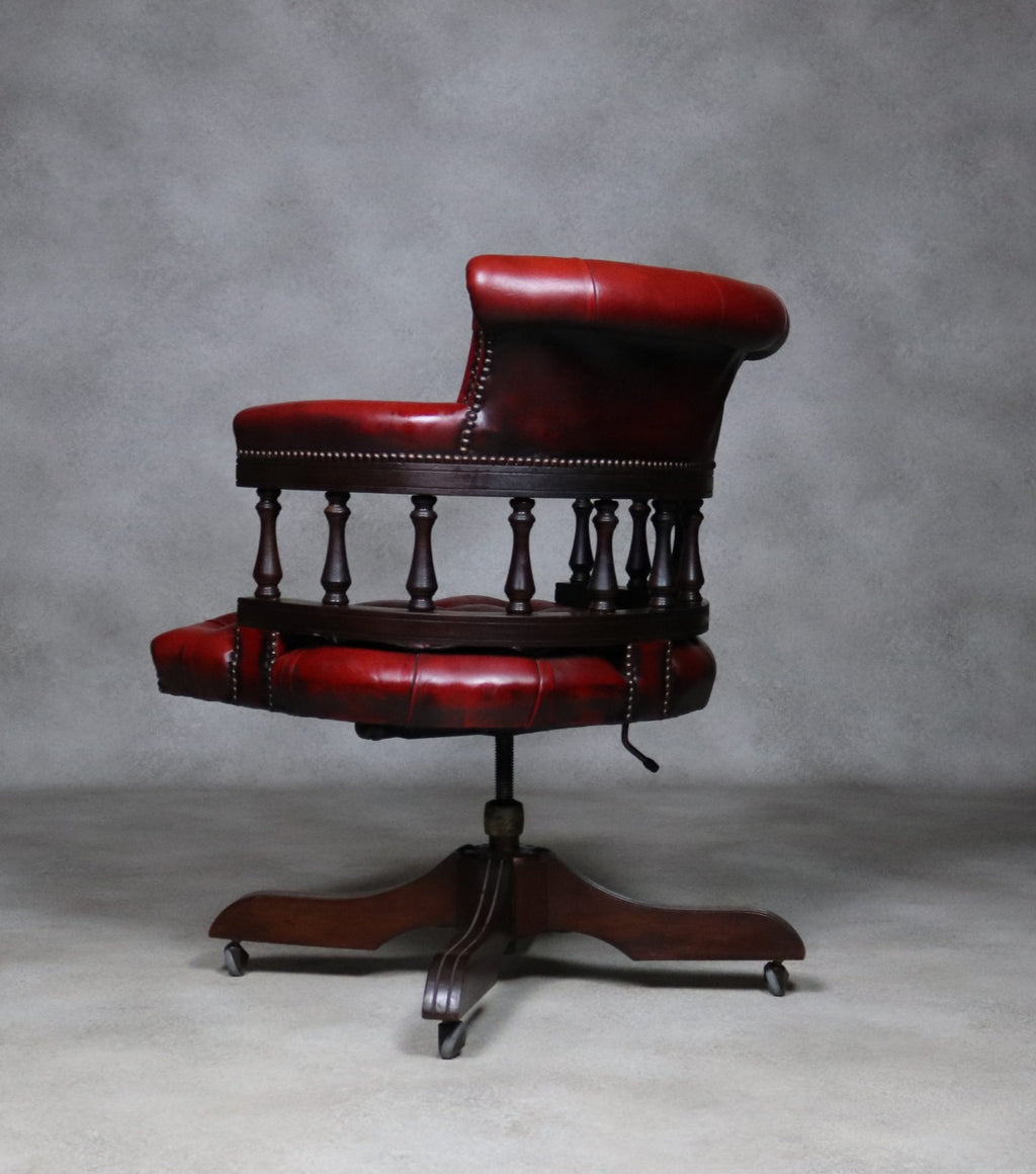Vintage Red Leather Chesterfield Captians Chair Swivel Office / Desk Chair