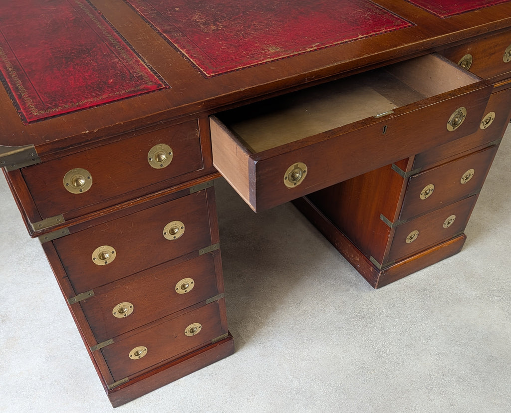 Vintage Red Leather Top Desk Campaign Military Style Mahogany Writing Desk