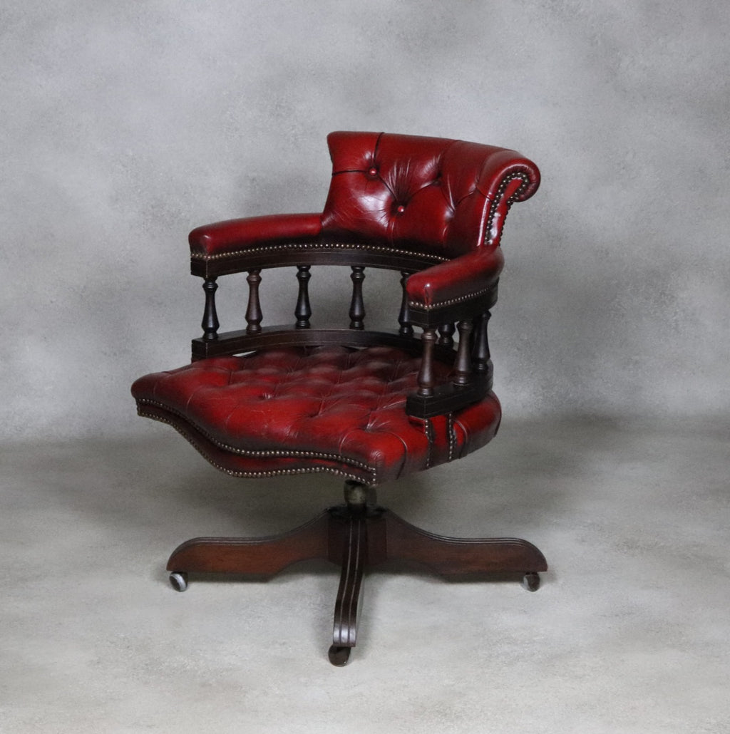 Vintage Red Leather Chesterfield Captians Chair Swivel Office / Desk Chair