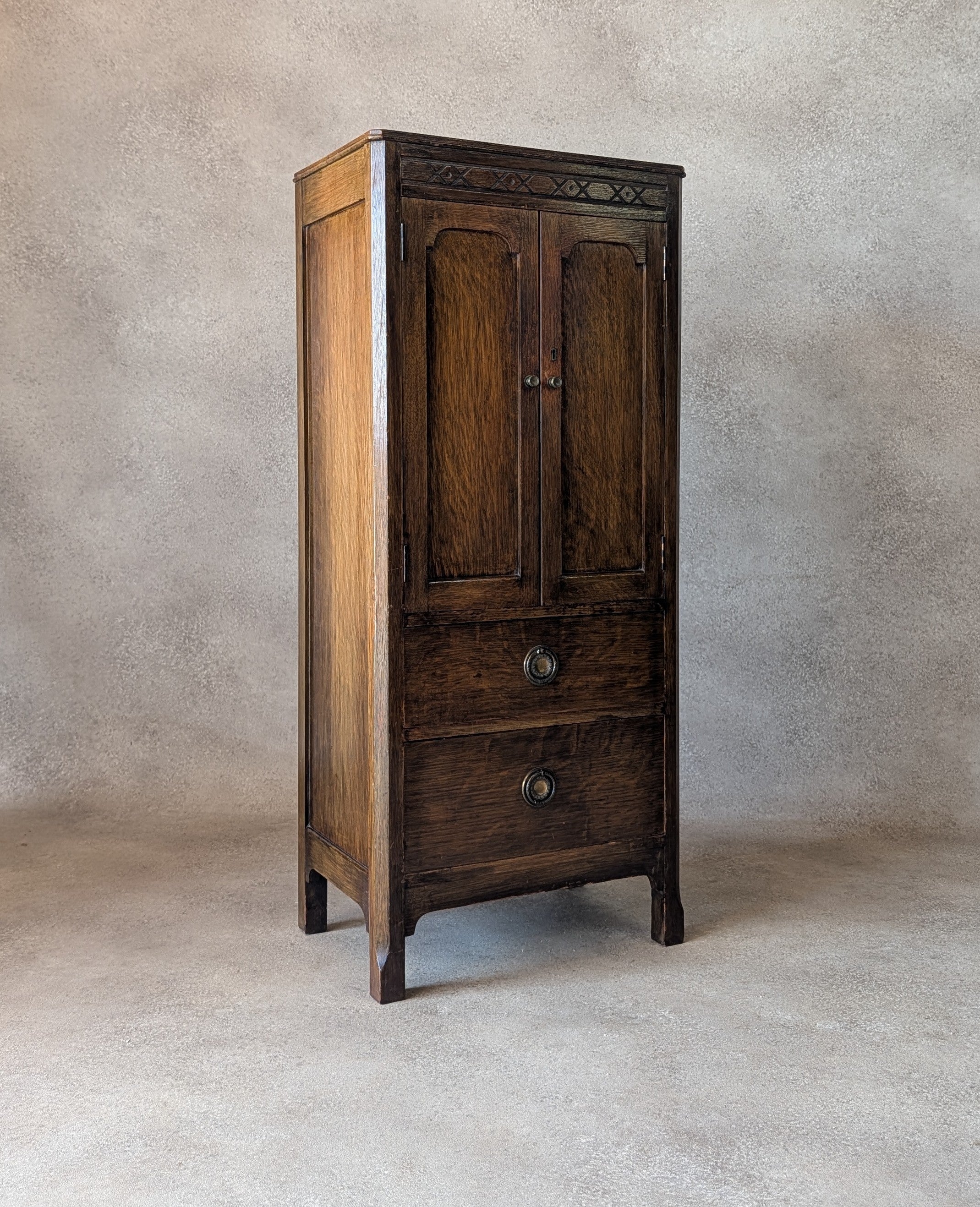 Vintage Oak Hall Cupboard 1930s Jacobean Revival Cupboard Compact Oak Cabinet