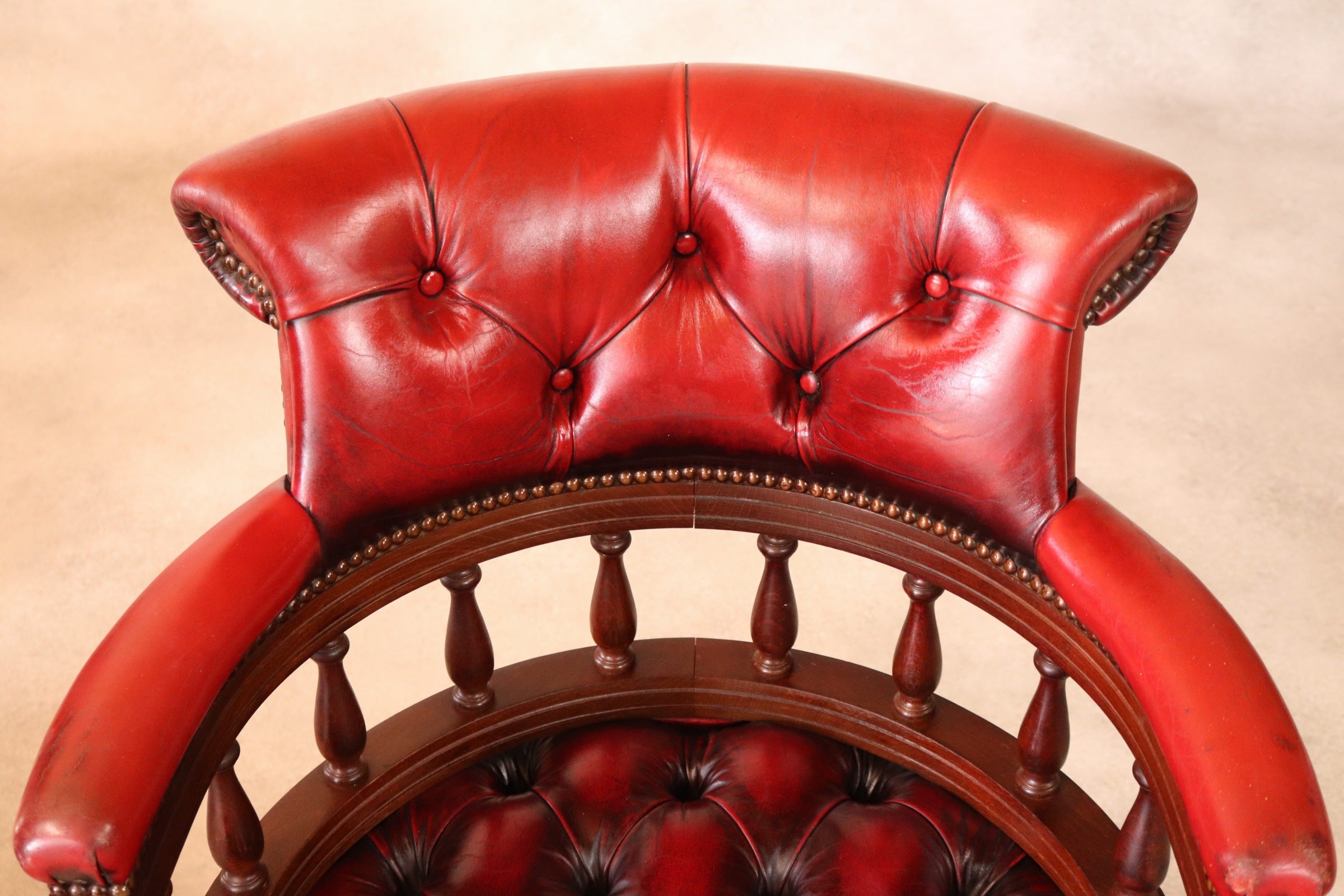 Vintage Red Leather Chesterfield Captains Chair Swivel Office Desk Chair